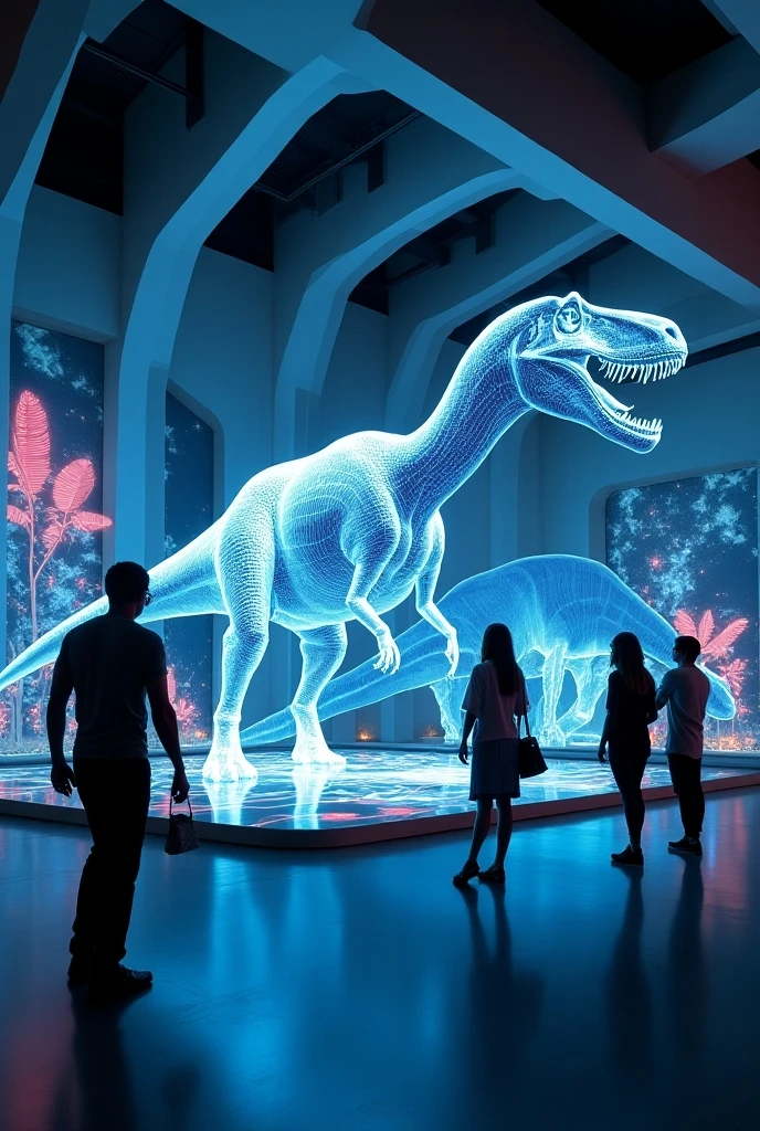 Draw an interactive exhibit space in a museum of the future. The exhibits utilize augmented reality (AR) and virtual reality (VR) technology to create an interactive experience that visitors can touch and move. Within the large space is a dinosaur exhibit area where visitors can wear VR headsets for a realistic experience, as if they were walking through a Jurassic ecosystem. Also describe the futuristic design of the building and the holographic exhibit guides, with the latest technology abounding everywhere.