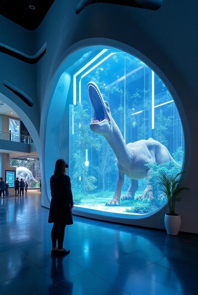 Draw an interactive exhibit space in a museum of the future. The exhibits utilize augmented reality (AR) and virtual reality (VR) technology to create an interactive experience that visitors can touch and move. Within the large space is a dinosaur exhibit area where visitors can wear VR headsets for a realistic experience, as if they were walking through a Jurassic ecosystem. Also describe the futuristic design of the building and the holographic exhibit guides, with the latest technology abounding everywhere.