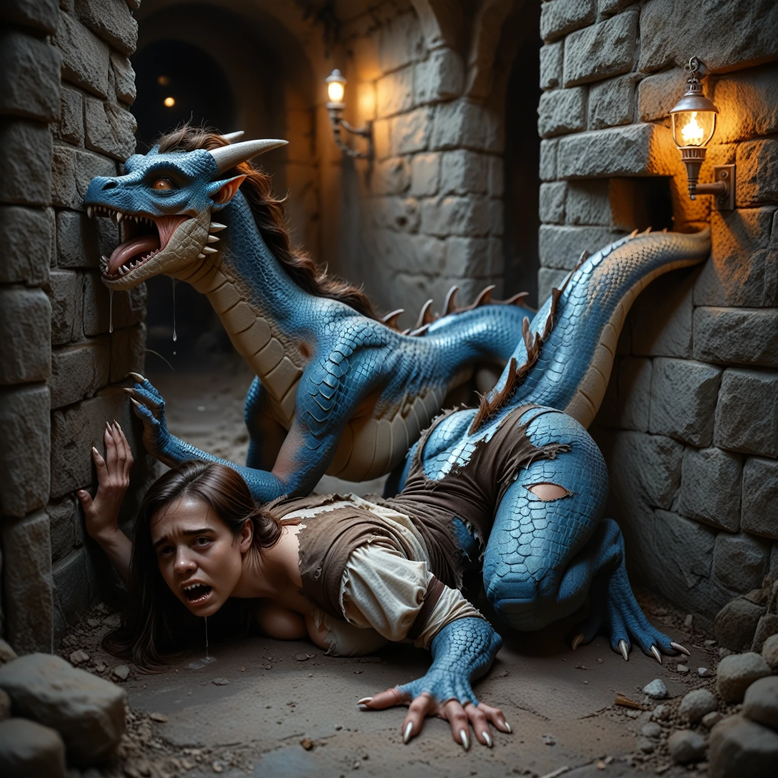 female next to wall, prison, brown hair, animal face, fangs, blue scales in places, placed shadow of huge dragon, transformation into a dragon, long muzzle, human face, mid transformation, scales spread gradually, claws,   little tail, make effort, dripping pussy, laying eggs from pussy, big eggs around, puzzled face, looks at down, commission for high res, medieval, tattered clothes, ripping clothes, nsfw not safe for work, gloomy, dramatic light, torch at wall, Digital Masterpiece In 4K Ultra HD, Extreme Detail And Intricate Realism, hyper realistic, film photography, soft focus, RAW photo, photorealistic, analog style, subsurface scattering, photorealism, absurd res res