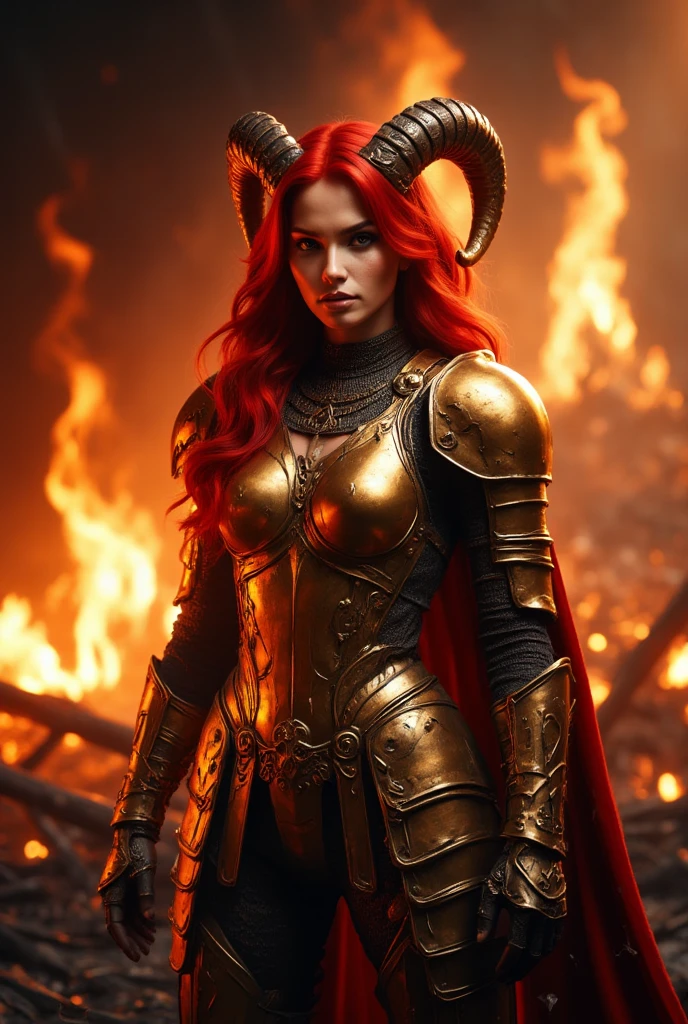 In a smoldering battlefield, a magnificent female knight stands tall, her long flowing red locks aglow in the fiery light. Her eyes, like amber embers, burn with determination as she surveys the ruins around her. The golden armor, adorned with intricate ram horns, seems to shimmer beneath the warm glow of the flames. Her skin radiates a gentle heat, as if infused with the warmth of the firelight, and her facial expression is a fierce blend of resolve and unyielding courage. In a dynamic pose, she stands life-size, her anatomy perfection personified. The digital drawing mode captures every detail, from the texture of her skin to the subtle nuances of her facial features. The 4K anime style quality shines through in the vibrant colors, HDR depth, and perfect focus on this heroic warrior. Movie special effects grade style.