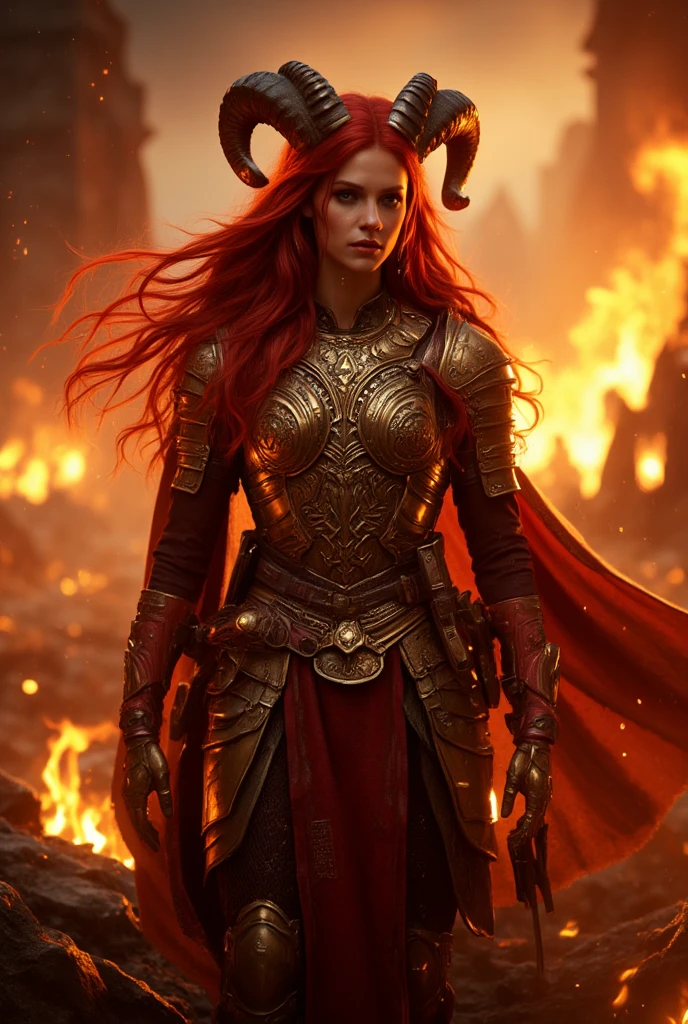 In a smoldering battlefield, a magnificent female knight stands tall, her long flowing red locks aglow in the fiery light. Her eyes, like amber embers, burn with determination as she surveys the ruins around her. The golden armor, adorned with intricate ram horns, seems to shimmer beneath the warm glow of the flames. Her skin radiates a gentle heat, as if infused with the warmth of the firelight, and her facial expression is a fierce blend of resolve and unyielding courage. In a dynamic pose, she stands life-size, her anatomy perfection personified. The digital drawing mode captures every detail, from the texture of her skin to the subtle nuances of her facial features. The 4K anime style quality shines through in the vibrant colors, HDR depth, and perfect focus on this heroic warrior. Movie special effects grade style.