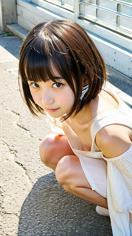 8K,masterpiece,Japanese,12-year-old girl,from the front,smile,Innocent face,Calm Eyes,Childish,No sleeve,Short skirt,semi-long,Black Hair,bright,On all fours,tongue,grass,Open your mouth wide,Close-up of face