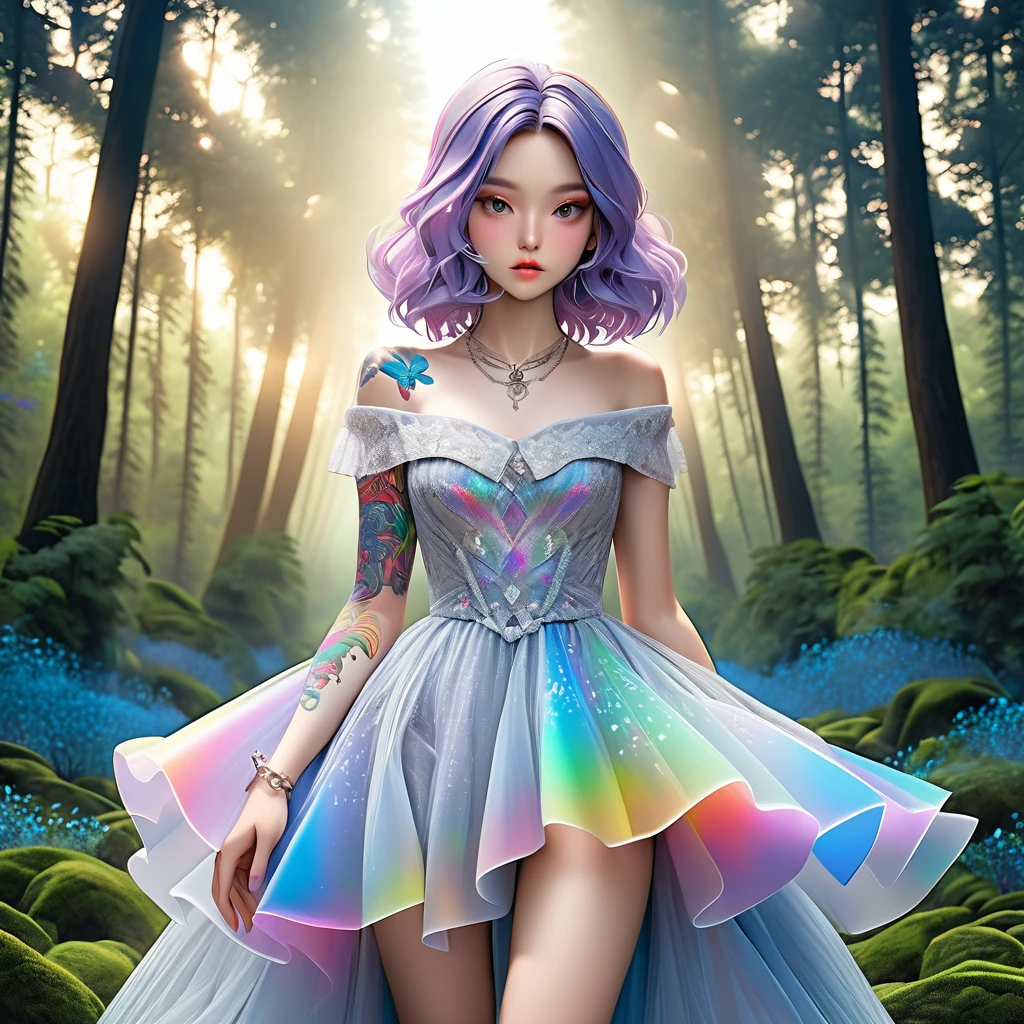 RAW photo:1.2, masterpiece, Best Quality, 16k,   unbelievably ridiculous  ,  very detailed, Perfect beauty,  beautiful pretty girl ,  Sheer Dress ,  Off Shoulder,  Strapless , Rainbow Shades , Tattoo butterfly arm, forest,