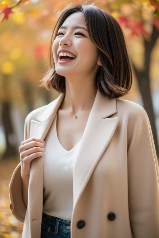 (8k、Raw photography, highest quality、masterpiece:1.2), a cute Japanese woman, (Laugh with one's mouth wide open, Talking to a female friend), medium breasts, blouse, coat, (Stylish Autumn Outfits:1.4), Depth of field rally background、 