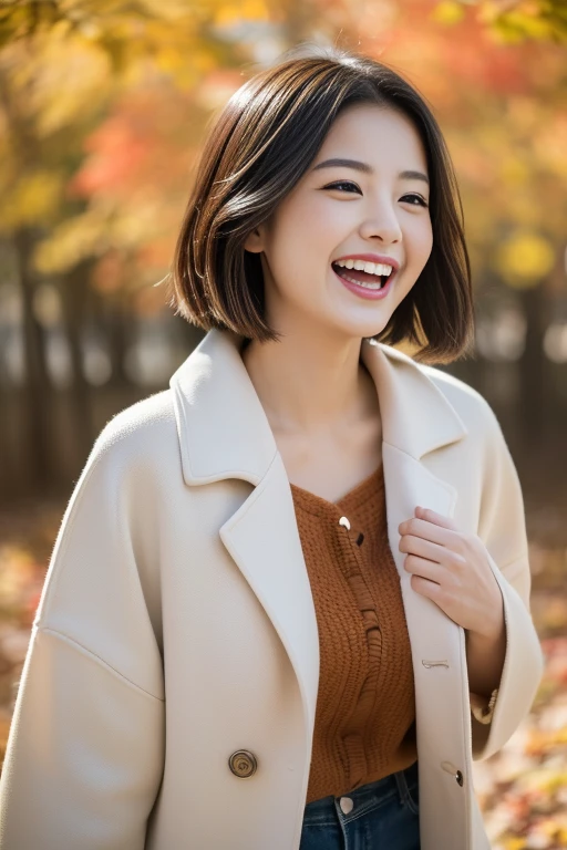 (8k、Raw photography, highest quality、masterpiece:1.2), a cute Japanese woman, (Laugh with one's mouth wide open, Talking to a female friend), medium breasts, blouse, coat, (Stylish Autumn Outfits:1.4), Depth of field rally background、 