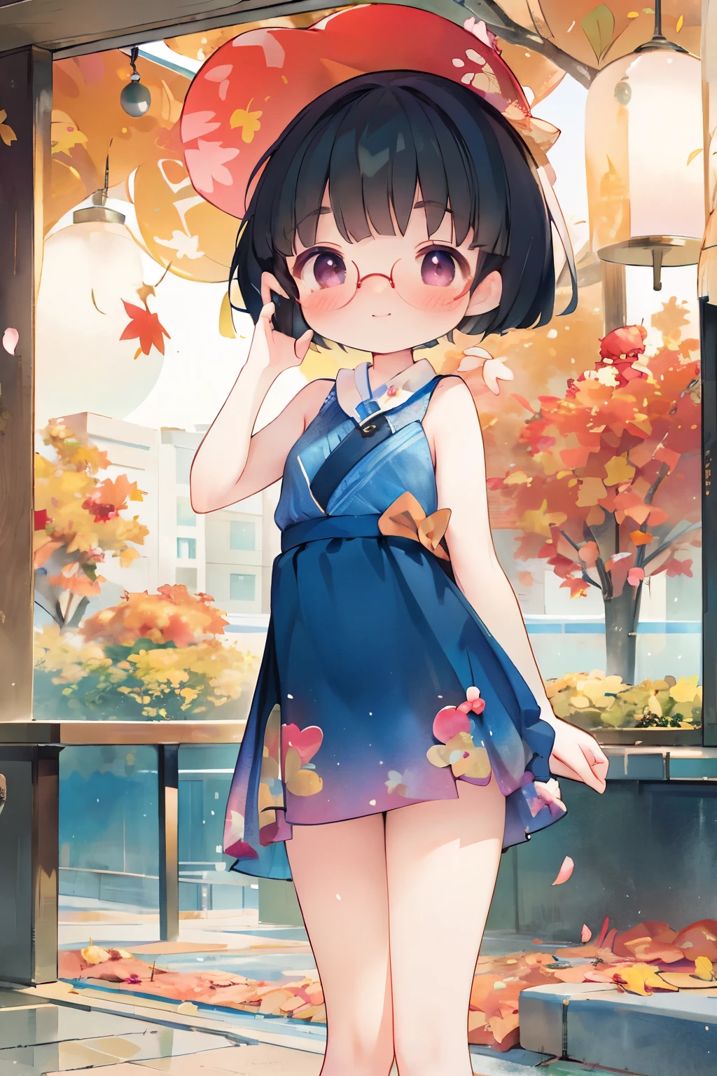 masterpiece，Best Quality，little， "ball" cherry blossoms，  very short  ， Black Hair ， short hair，iris，dark blue water scoop ，Glasses，smile， sleeveless short dress， autumn park， beautiful autumn leaves ， precise and detailed female fingers ， with a playful gesture ，