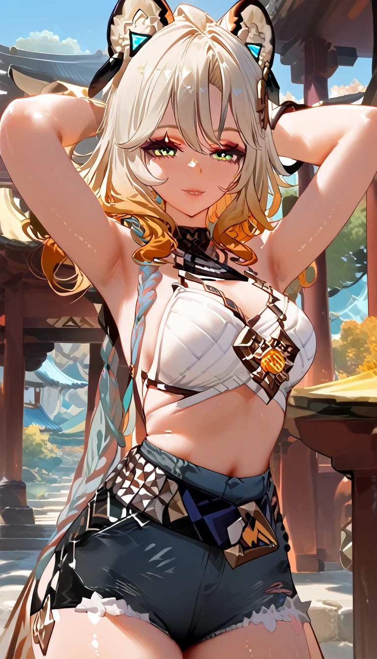 masterpiece, 8k, high resolution, shrine, semi-realistic, 1 girl, portrait 3:4, (high detailed face), (detailed body and denim shorts), (hands behind the head), smile, looking at viewer, dynamic, medium breasts, sexy, perfect body, perfect legs, no stockings , Xilonen (genshin_impact), genshin_impact, puffy breasts,sexy hot,