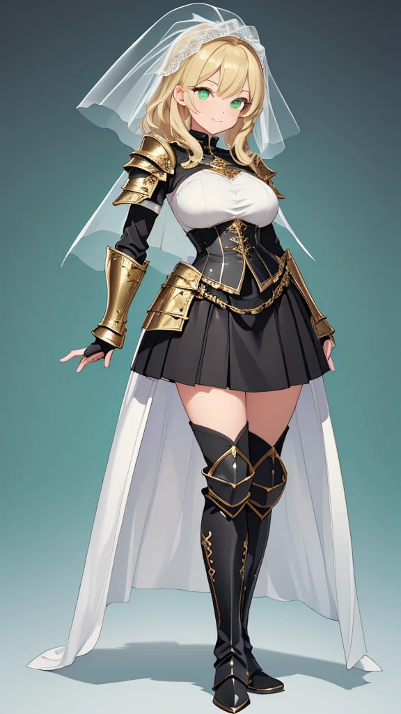 masterpiece, Best Quality, (( no background)),(((pure white short veil))),(( richly decorated black holy knight armor in gold,Full body standing painting of a tall woman )), (huge breasts), Bust-length blonde ,wavy hair,Pale skin,A smile full of charity,closed mouth,(((Green Eyes,  detailed eyes))),Belt pouch on waist, ((( Black Thigh-High Boots ,Black Gauntlets,Armored black skirt))),A thin curved hanging line ,  holding nothing in hand, Thin eyebrows,Young lady, Side View ,Visual Novel Pose