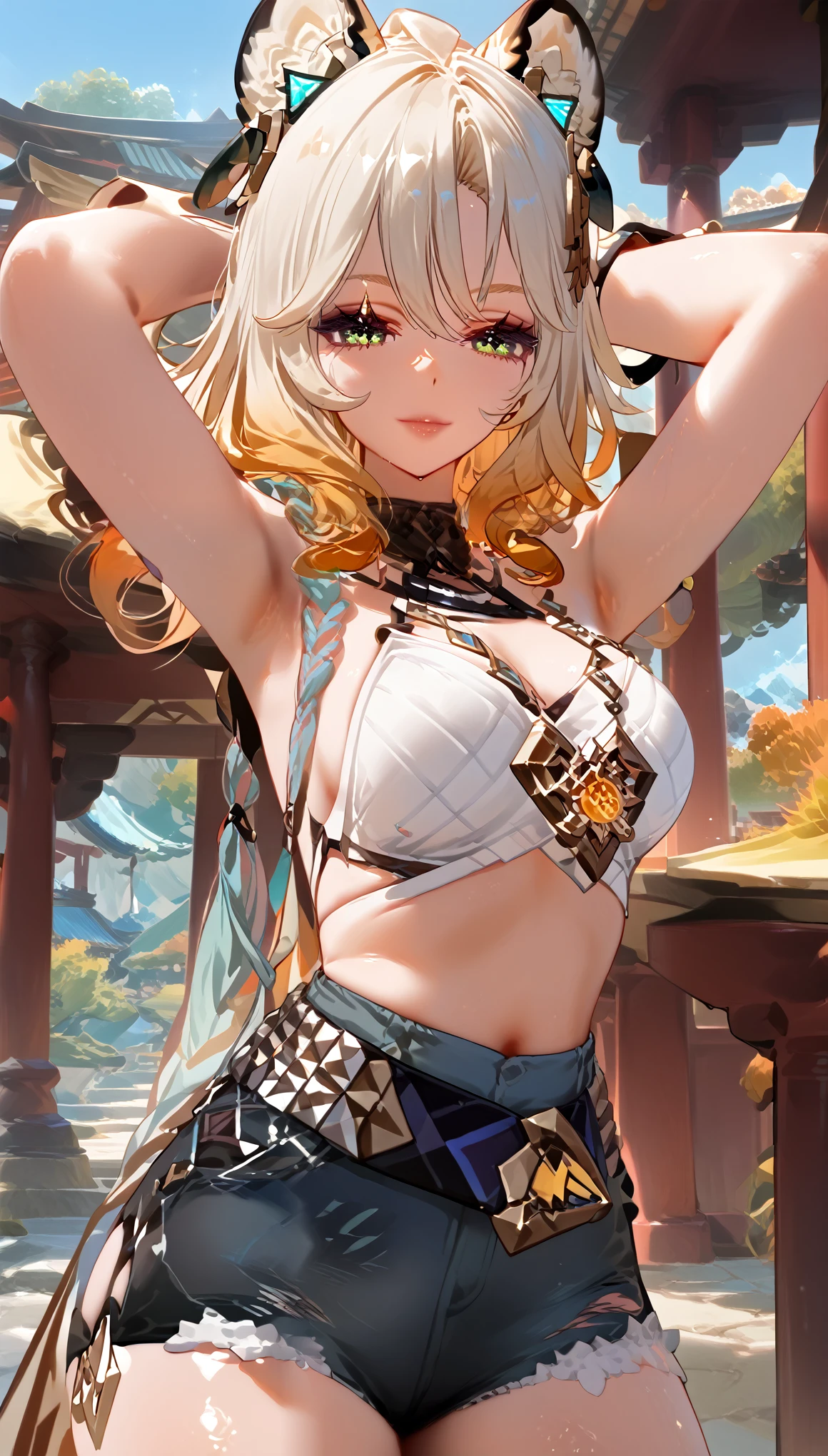 masterpiece, 8k, high resolution, shrine, semi-realistic, 1 girl, portrait 3:4, (high detailed face), (detailed body and denim shorts), (hands behind the head), smile, looking at viewer, dynamic, medium breasts, sexy, perfect body, perfect legs, no stockings , Xilonen (genshin_impact), genshin_impact, puffy breasts,sexy hot,