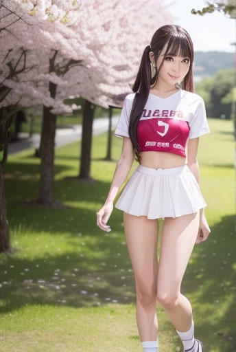 masterpiece, 【【FHD, grassland,   girl,  happy ,  ,    Rules for Staring at Viewers odebtul debtace  ,   Brown Eyes  , Tall, slender,   knee-high socks for viewers , 20 years old, Japanese, beautiful,   realistic pictures,    Ridiculously Long Hair   ,   white skin,     hair bow ,   dark eyes, dog, in the grassland, hills, Cherry blossoms bloom,  Afternoon Scenery   , T-Shirts, flying, High Twintails,  Multicolored Hair,   glamorous,   Competition Swimwear