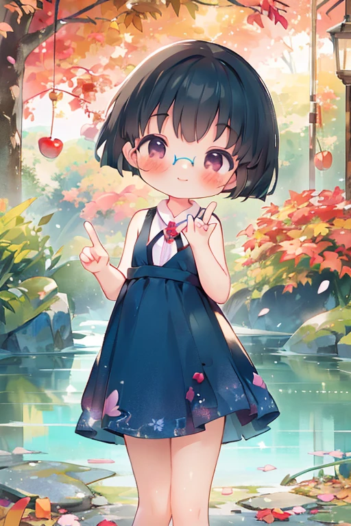 masterpiece，Best Quality，little， young girl， "ball" cherry blossoms， Very short stature，Shiny black hair ， short hair，iris，dark blue water scoop ，Glasses，smile， sleeveless short dress， autumn park， beautiful autumn leaves ， precise and detailed female fingers ， with a playful gesture ，