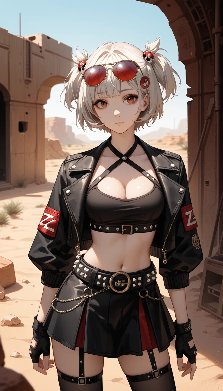  1girl,One,_ZZZ,  short hair,  short double tails,  hair ornament ,  facing the viewer , very sexy, erotica,  leans forward,  sunglasses , on the head , desert area,  eyes against the background of an abandoned gas station, stands sideways, leans towards the ground, White,  short hair,  short double tails,  hair ornament  ,  sunglasses , on the head  ,  red halterneck , black top pipe ,  short top ,  CLEAVAGE , life , black jacket,  fingerless gloves , studded belt , black skirt,  red hip straps, black stockings,score_9, score_8_up, score_7_up, score_6_up, score_5_up, score_4_up,