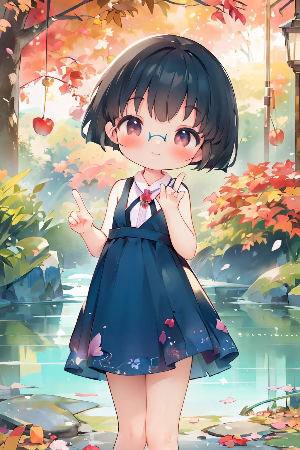 masterpiece，Best Quality，little， young girl， "ball" cherry blossoms， Very short stature，Shiny black hair ， short hair，iris，dark blue water scoop ，Glasses，smile， sleeveless short dress， autumn park， beautiful autumn leaves ， precise and detailed female fingers ， with a playful gesture ，