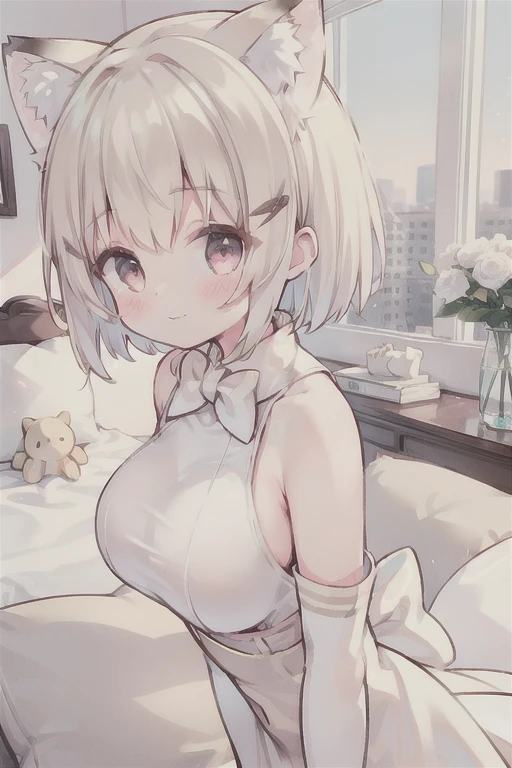  High image quality, masterpiece,  upper body、 pink beige hair    ,Bob Hair、 thin waist, Pink Eyes ,     1 girl,  Sparkling Eyes,   beautiful and meticulous attention to detail ,  white camisole、bedroom,  At dawn, White cushion，    lots of white stuffed animals ，Pastel Tones,smile,  
   anime style, Gentle colors, Soft light,   high detail,Rear view,  big breasts at the temple, 