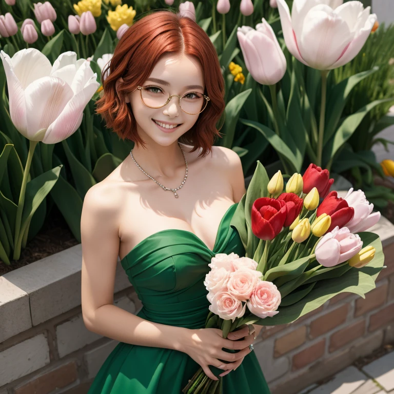 Short,  red hair,  green eyes ,  metal-frame glasses ,  green strapless dress, Bouquet of tulips, smiling girl.