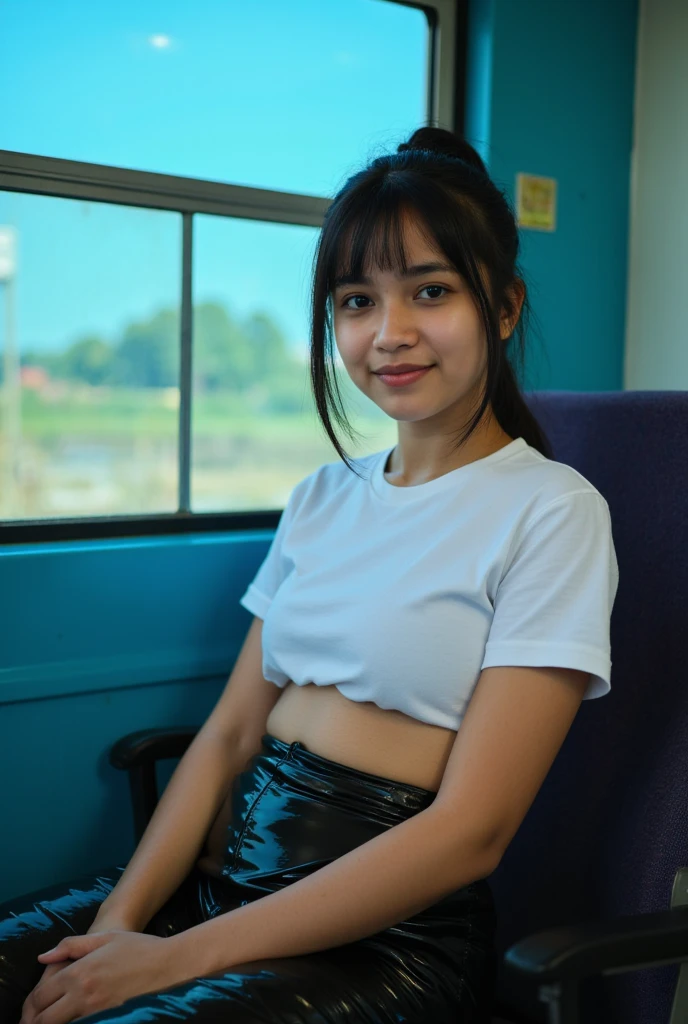 Above angle view, A bright and vibrant photo Indian girl, Indian theme, Indian local train, , increase highlight and blueish colour, girl,close up shot of a beautiful Indian girl around 14 ,top angle view , ,with a black silky hair with long bangs ,,photo is captured by Iphone, sexy thighs, wide waist, fourteen years old indian girl, sitting position, ponytail hairstyle,, ((she has very short height, her height is very short, she has short body with curvy and toned figure)), she has pear-shaped physique, slim toned figure with round butt shape, shot is taken from slightly above angle, wearing a white tshirt and black rubber leggings , photo is captured by Iphone, ,sitting near window in Indian trai sitting position, travel through Indian train, , front angle, , ((avoid long height anatomy, avoid longer body height, avoid tall height, avoid normal and avarage body figure) , top angle view, wet clothes, soaked clothes,,, ((avoid Bokeh and blur in background), (avoid background blur, avoid blurring the background,