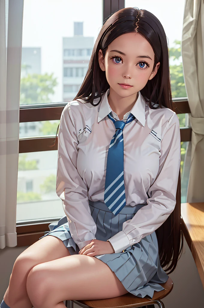 a nude woman standing by a window that has curtains covering the area, 1girl, solo, skirt, shirt, brown hair, window, long hair, blue eyes, long sleeves, knee up, sitting, pleated skirt, necktie, striped, socks, looking at viewer