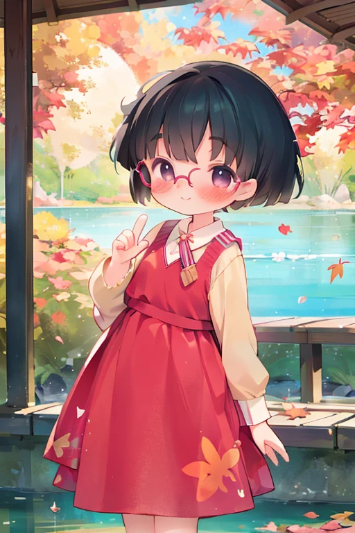 masterpiece，Best Quality，little， young girl， "ball" cherry blossoms， Very short stature，Shiny black hair ， short hair，iris，dark blue water scoop ，Glasses，smile，short dresses with long sleeves， autumn park， beautiful autumn leaves ， precise and detailed female fingers ， with a playful gesture ，