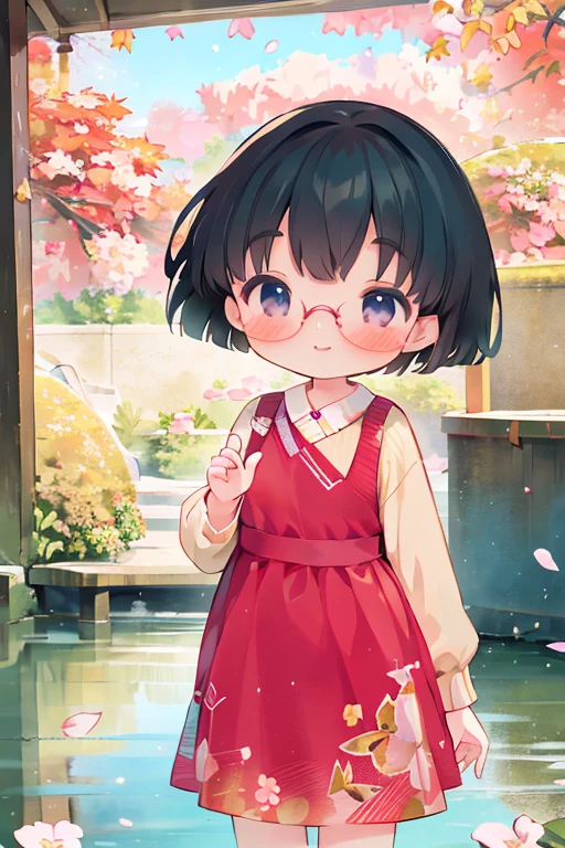 masterpiece，Best Quality，little， young girl， "ball" cherry blossoms， Very short stature，Shiny black hair ， short hair，iris，dark blue water scoop ，Glasses，smile，short dresses with long sleeves， autumn park， beautiful autumn leaves ， precise and detailed female fingers ， with a playful gesture ，