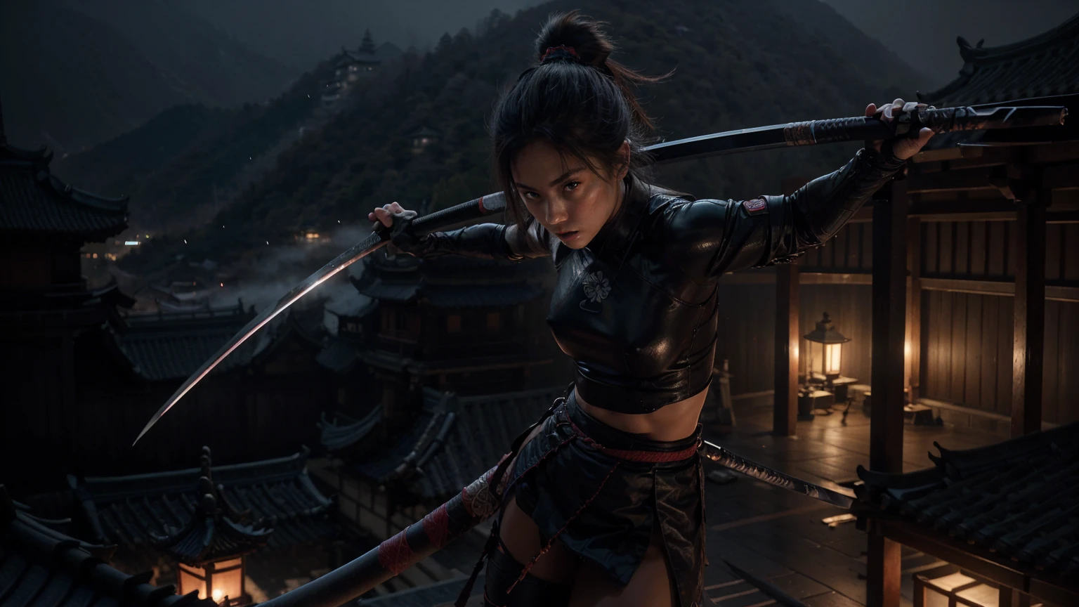 a highly muscular female Samurai with 1 katana, the upper coltes are made of net. naked thorso, detailed abs and muscles, dark outfit, serious expression, glowing katana blade, dynamic action pose, on a chinese ancient roof, in a misty olde chines village at night dark moody lighting, cinematic angle, hyperrealistic, digital art, illustration