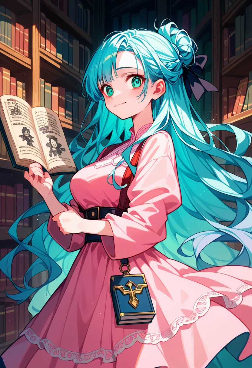 masterpiece, best quality, ultra-detailed, ((pastel blue long hair:1.5)), (half updo:1.3), wavy hair, delicate face, beautiful girl, large breasts, ((pastel pink dress:1.5)), flared skirt, white lace details, black ribbon in hair, wearing a crimson robe, holding an ancient book (Necronomicon:1.5), cursed ancient book, dark aura, glowing red runes, (teal eyes:1.3), crazy eyes, (closed mouth), soft yet unsettling smile, intense manic expression, soft lighting, standing in front of a gothic library, dark red leather-bound book with glowing runes, dark atmosphere, calm expression with a strong hint of madness, soft natural daylight