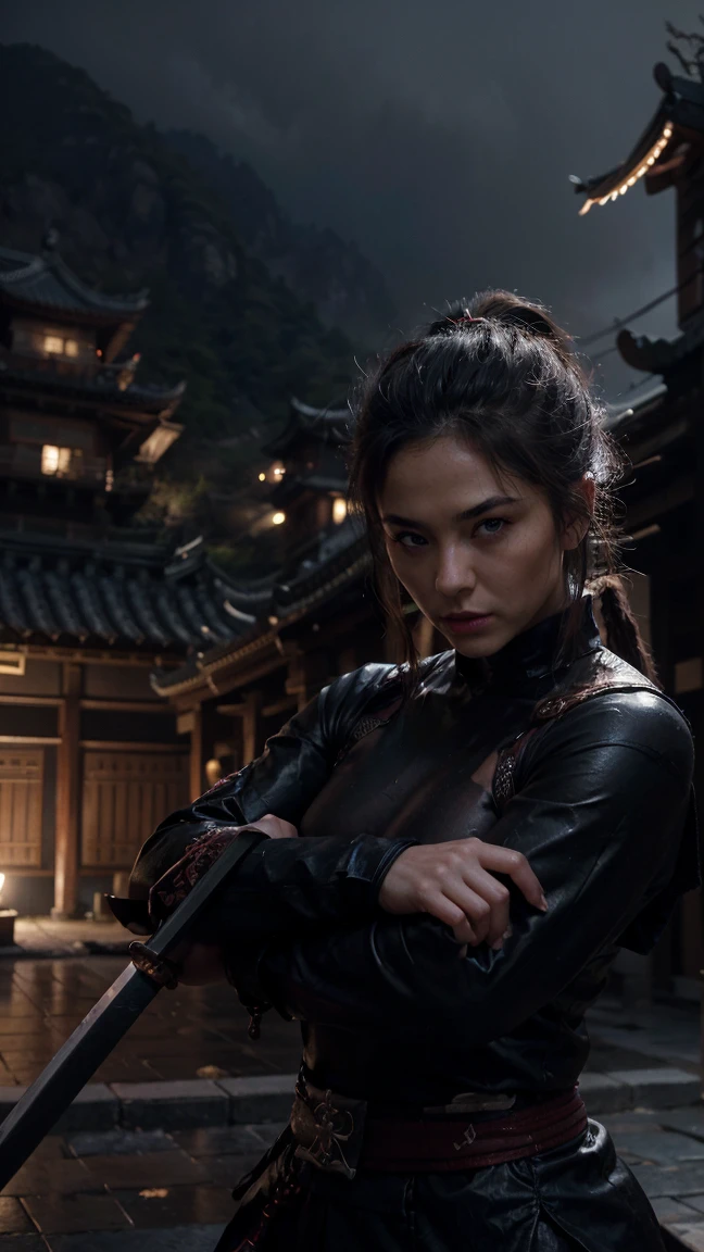 a highly muscular female Samurai with 1 katana, the upper coltes are made of net. naked thorso, detailed abs and muscles, dark outfit, serious expression, glowing katana blade, dynamic action pose, on a chinese ancient roof, in a misty olde chines village at night dark moody lighting, cinematic angle, hyperrealistic, digital art, illustration