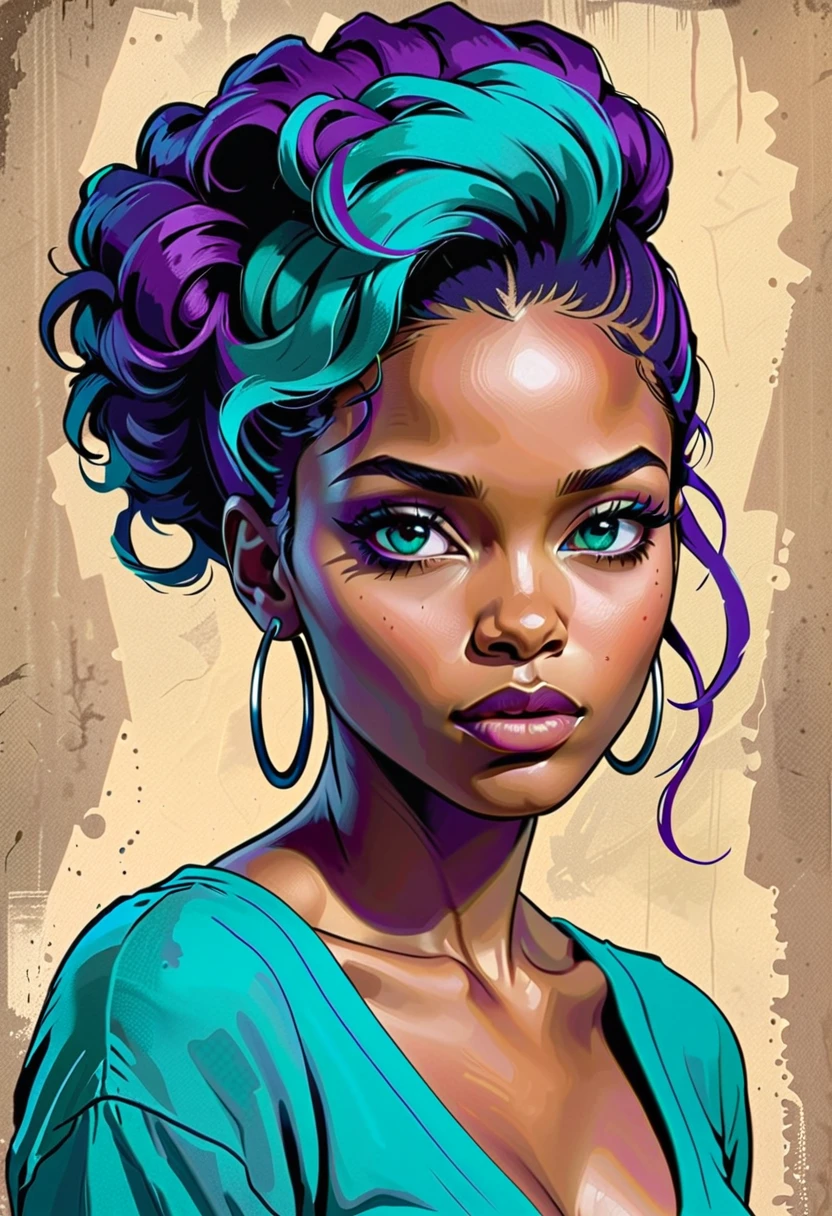 A african american woman in a situation?, sketch, purple to teal color palette, detailed features, cute, vintage style, high contrast lighting, expressive eyes, urban hairstyle (best quality, high res, realistic:1.37), vintage, monochrome, intense gaze, dramatic lighting, rugged background, distressed paper texture, retro vibes, id photo, front view, Surround the woman with abstract art cliches, 