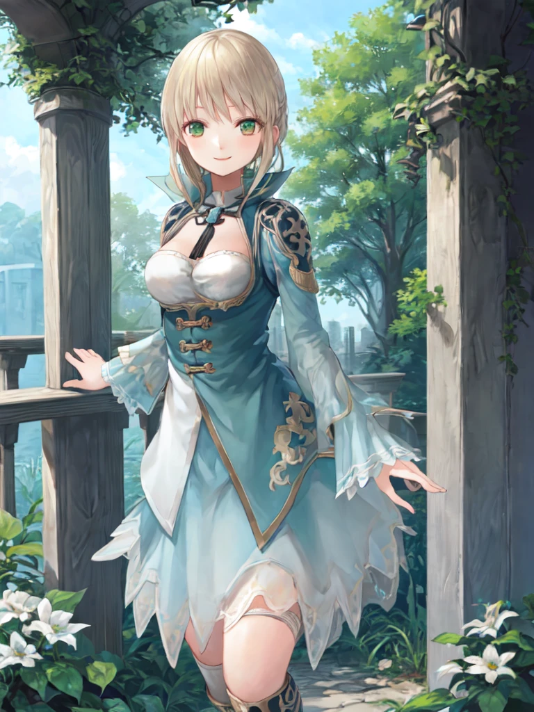 1 girl, best quality, ultra detailed, minor, platinum blond hair, medium hair, green eyes, round eyes, (happy:1.4), smile, medium breasts,
Full Shot, cowboy shot, one arm behind her head,
light blue dress, trapeze dress, ,
thigh strap, lace-up boots,
in a secret garden