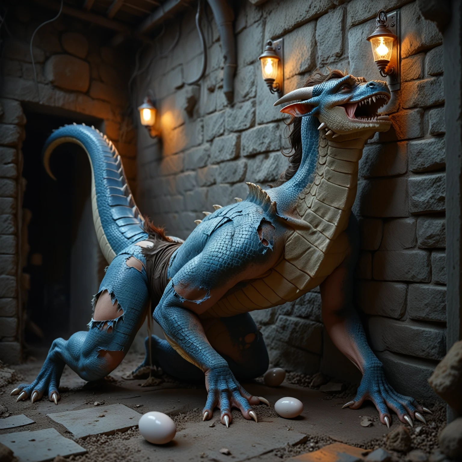 female next to wall, prison, brown hair, animal face, fangs, blue scales in places, at background placed huge dragon, transformation into a dragon, long muzzle, human face, mid transformation, scales spread gradually, claws,   little tail, make effort, dripping pussy, laying eggs from pussy, big eggs around, puzzled face, looks at down, commission for high res, medieval, tattered clothes, ripping clothes, nsfw not safe for work, gloomy, dramatic light, torch at wall, Digital Masterpiece In 4K Ultra HD, Extreme Detail And Intricate Realism, hyper realistic, film photography, soft focus, RAW photo, photorealistic, analog style, subsurface scattering, photorealism, absurd res res