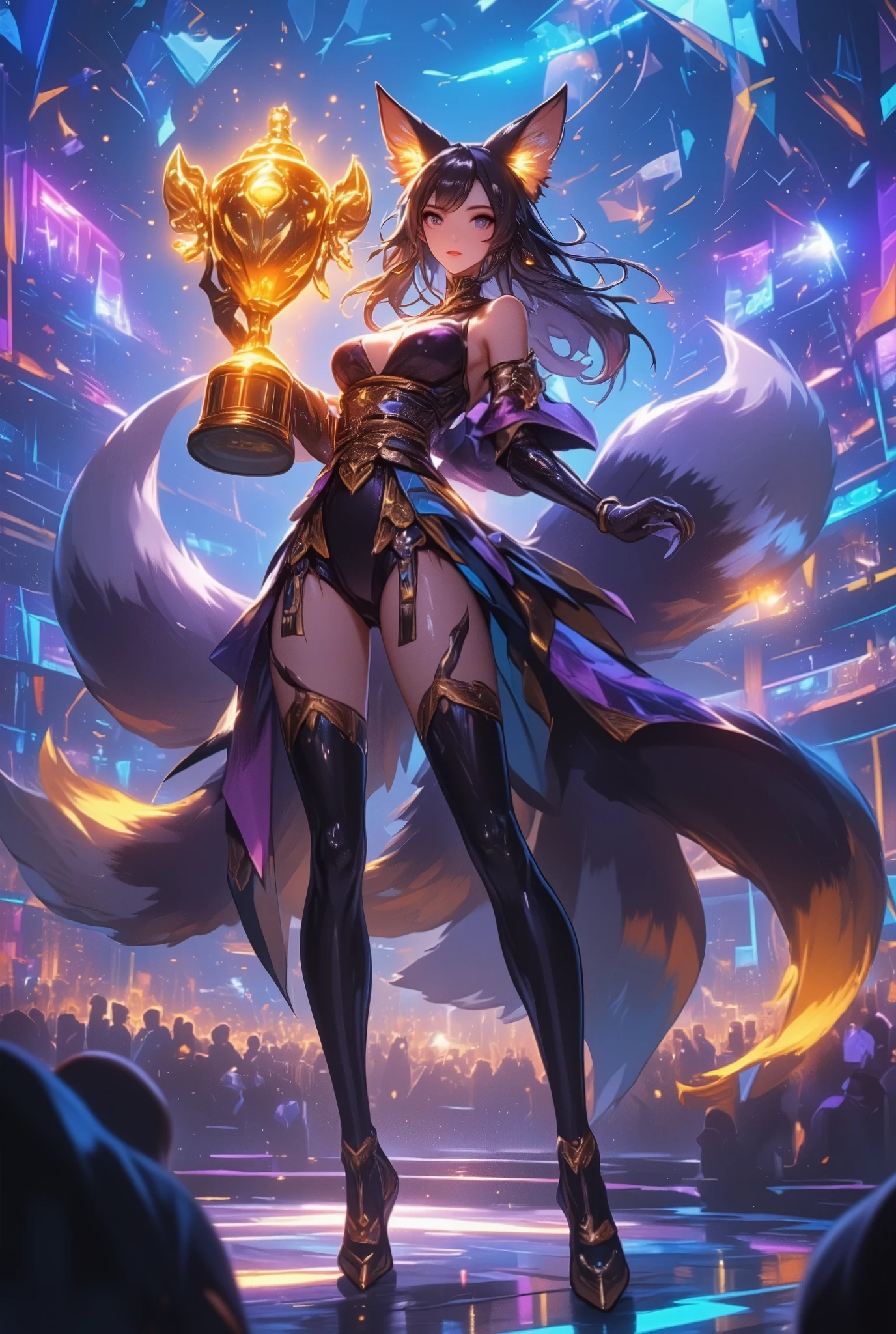 beautiful lady\(ahri\(league of legends\), bare shoulders, detached sleeves,long hair, korean clothes,  9 fox tails at hip, lips, slit pupils, fox ears, evil smile, open cleavage,breast \) is holding beautiful shiny golden trophy at center of arena for game\(league of legends\) competition\(EVO\(Evolution Championship Series\)\). blue neon, purple neon, gaming lighting. many audiences