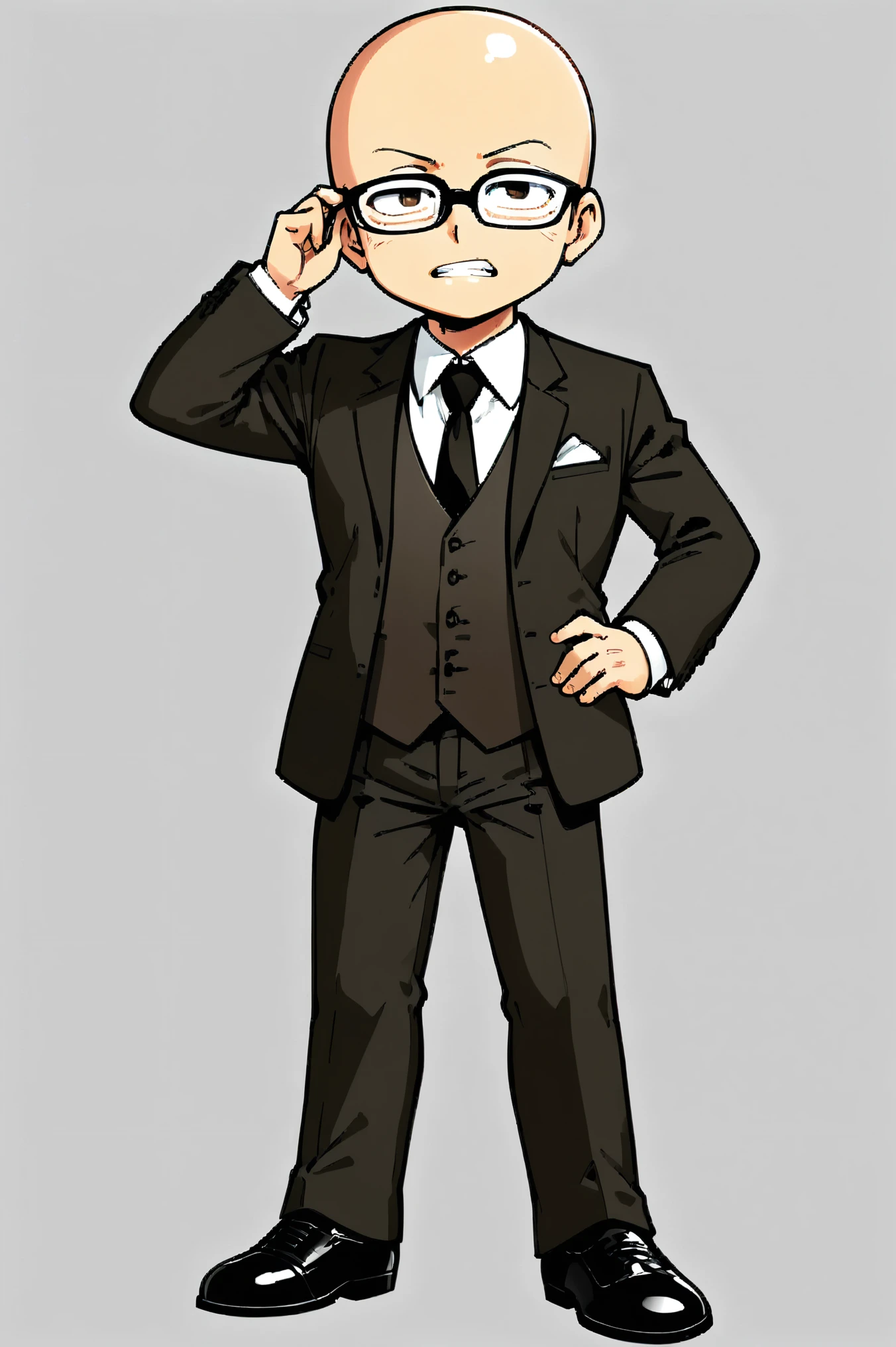 1man, solo, (chibi:0.2), male_focus, black_footwear, necktie, shirt, bald, ossan, shining glasses, pants,Glasses shining,Wrinkles on the face,Middle-aged uncle, 42ages, full_body, black_pants, jacket, white_shirt, black_necktie, collared_shirt, standing, hand_on_hip, black_jacket, long_sleeves, shoes, adjusting_eyewear, teeth, formal, hand_up, brown_necktie, suit, vest, transparent_background, clenched_teeth, parted_lips,