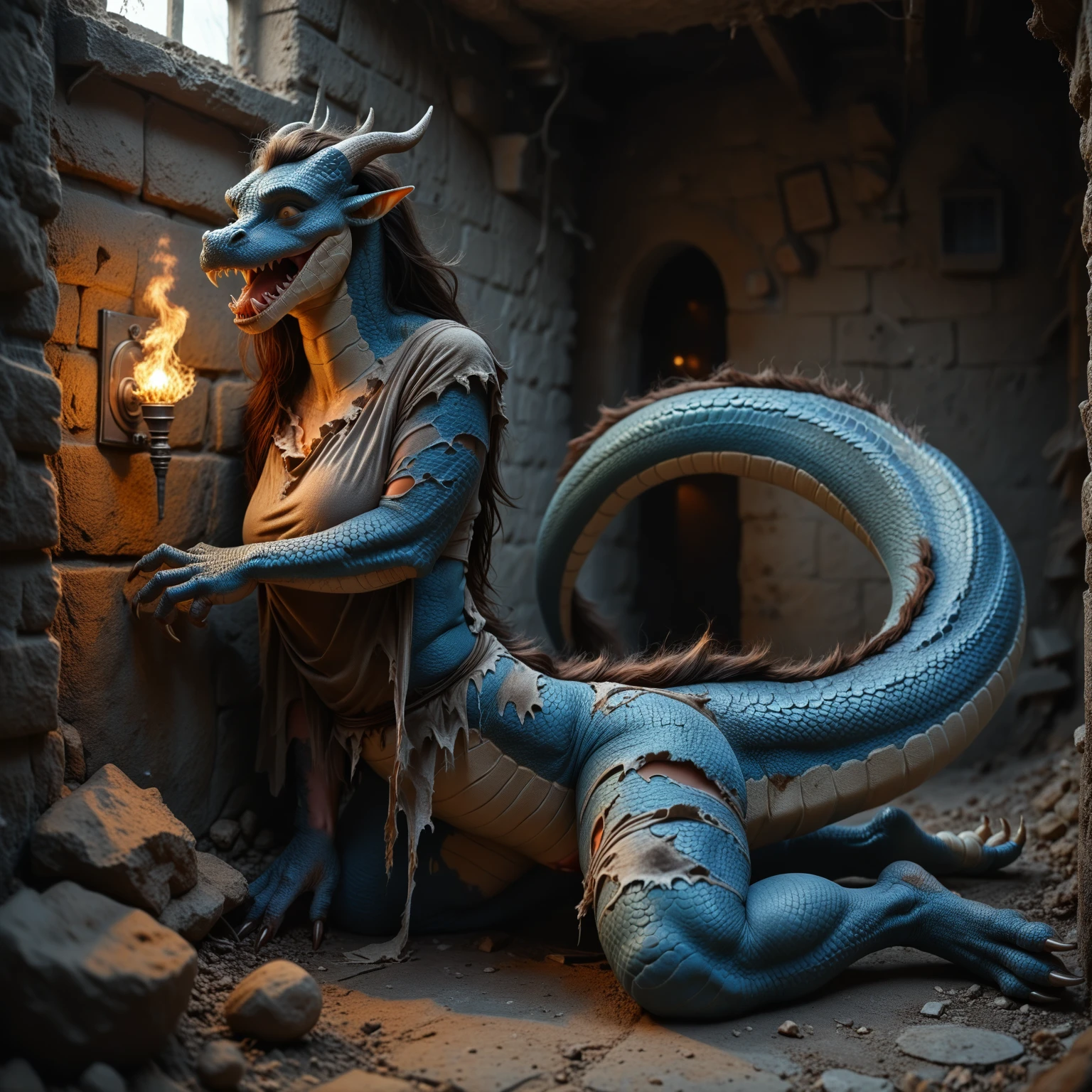 female next to wall, prison, brown hair, animal face, fangs, blue scales in places, at background placed huge dragon, transformation into a dragon, long muzzle, human face, mid transformation, scales spread gradually, claws,   little tail, make effort, dripping pussy, laying eggs from pussy, big eggs around, puzzled face, looks at down, commission for high res, medieval, tattered clothes, ripping clothes, nsfw not safe for work, gloomy, dramatic light, torch at wall, Digital Masterpiece In 4K Ultra HD, Extreme Detail And Intricate Realism, hyper realistic, film photography, soft focus, RAW photo, photorealistic, analog style, subsurface scattering, photorealism, absurd res res