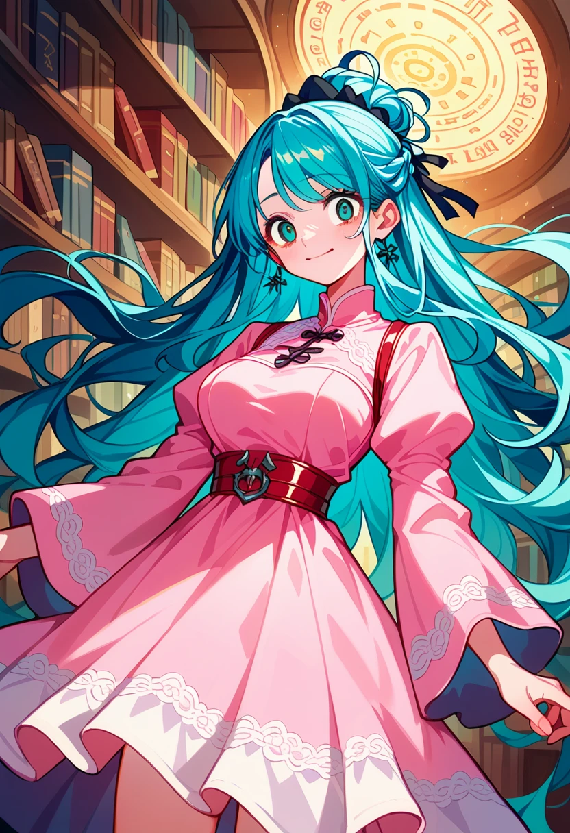 masterpiece, best quality, ultra-detailed, ((pastel blue long hair:1.5)), (half updo:1.3), wavy hair, delicate face, beautiful girl, large breasts, ((pastel pink dress:1.5)), flared skirt, white lace details, black ribbon in hair, wearing a crimson robe, holding an ancient book (Necronomicon:1.5), cursed ancient book, dark aura, glowing red runes, (teal eyes:1.3), crazy eyes, (closed mouth), soft yet unsettling smile, intense manic expression, soft lighting, standing in front of a gothic library, dark red leather-bound book with glowing runes, dark atmosphere, calm expression with a strong hint of madness, soft natural daylight