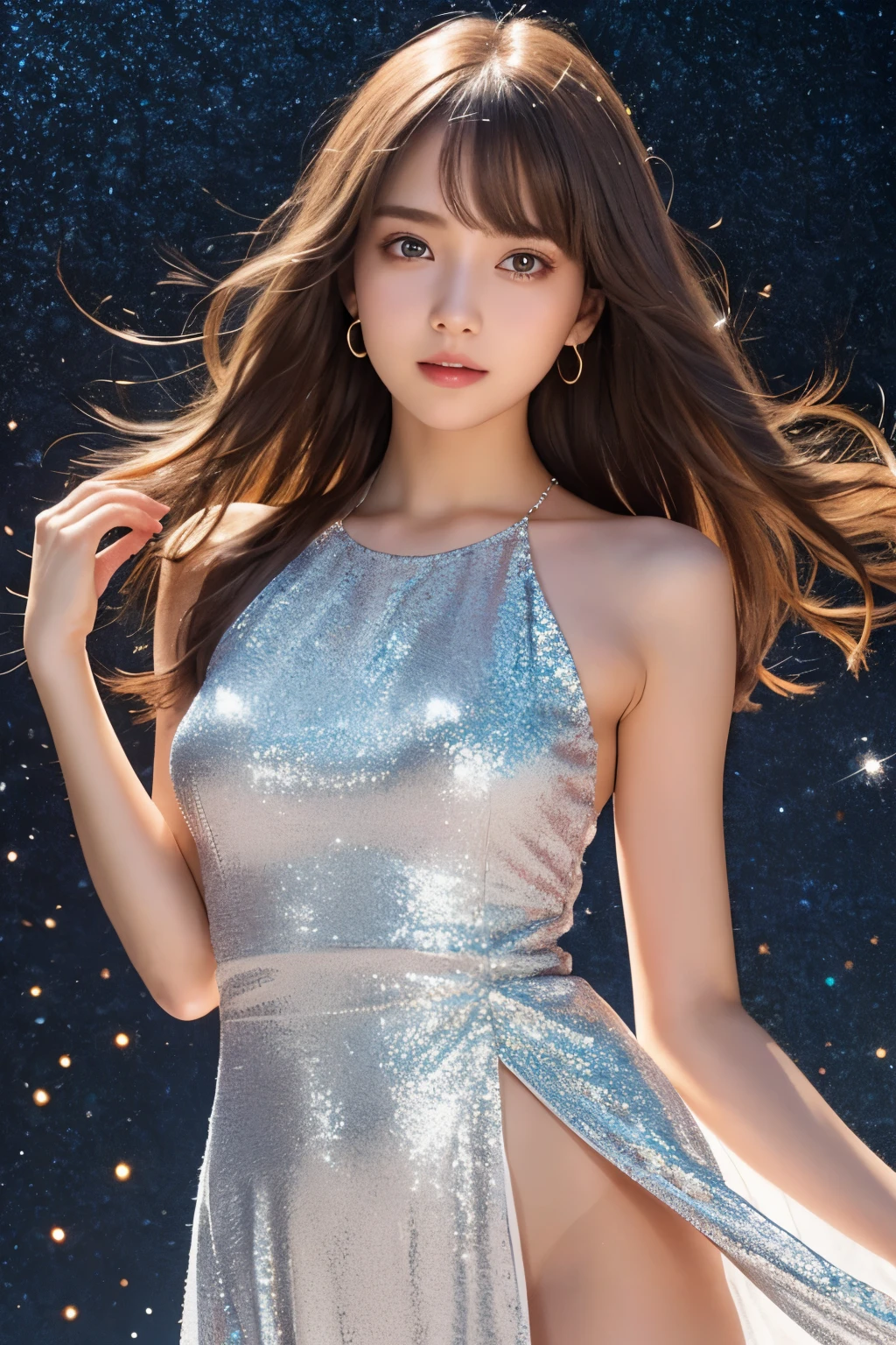 1girl, (a beauty girl, delicate girl, beautiful girl, innocent girl:1.3), (16yo:1.3),
break, (sundress, onepiece dress, longskirt:1.3),
break, (night, shine, sparkle, glitter background:1.4),
break, very fine eyes, (symmetrical eyes:1.3),
break, (flat breasts:0.5), (round face, baby face), (brown eyes), parted bangs, (brown hair),
break, (eyes and faces with detailed:1.0),
break, (masterpiece, best quality, ultra detailed, detailed face, 8k)