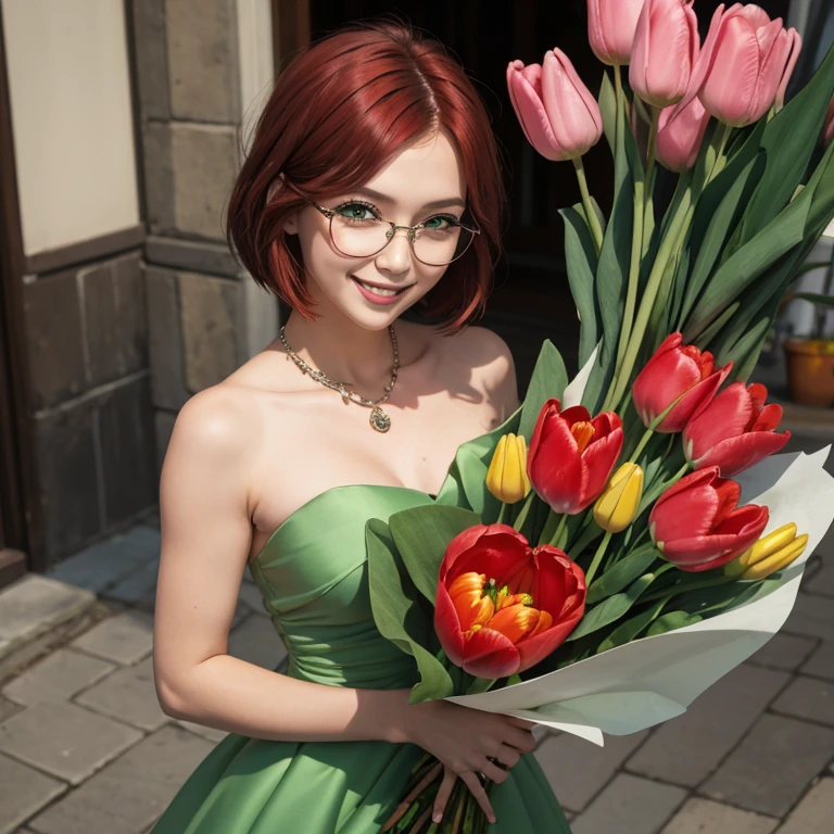 Short,  red hair,  green eyes ,  metal-frame glasses ,  green strapless dress, Bouquet of tulips, smiling girl.