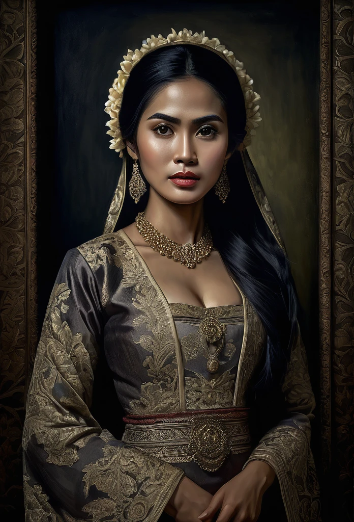 a classic javanese woman in a period oil painting, long dark hair, detailed kebaya dress, horror tone, antique frame, dark background, chiaroscuro lighting, high contrast, muted color palette, photorealistic, masterpiece, (best quality,8k,highres,ultra-detailed,realistic,photorealistic:1.37),(classic,antique,old,period:1.2),horror,dark,dramatic,somber,moody