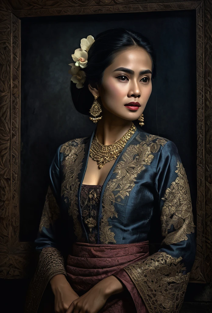 a classic javanese woman in a period oil painting, long dark hair, detailed kebaya dress, horror tone, antique frame, dark background, chiaroscuro lighting, high contrast, muted color palette, photorealistic, masterpiece, (best quality,8k,highres,ultra-detailed,realistic,photorealistic:1.37),(classic,antique,old,period:1.2),horror,dark,dramatic,somber,moody