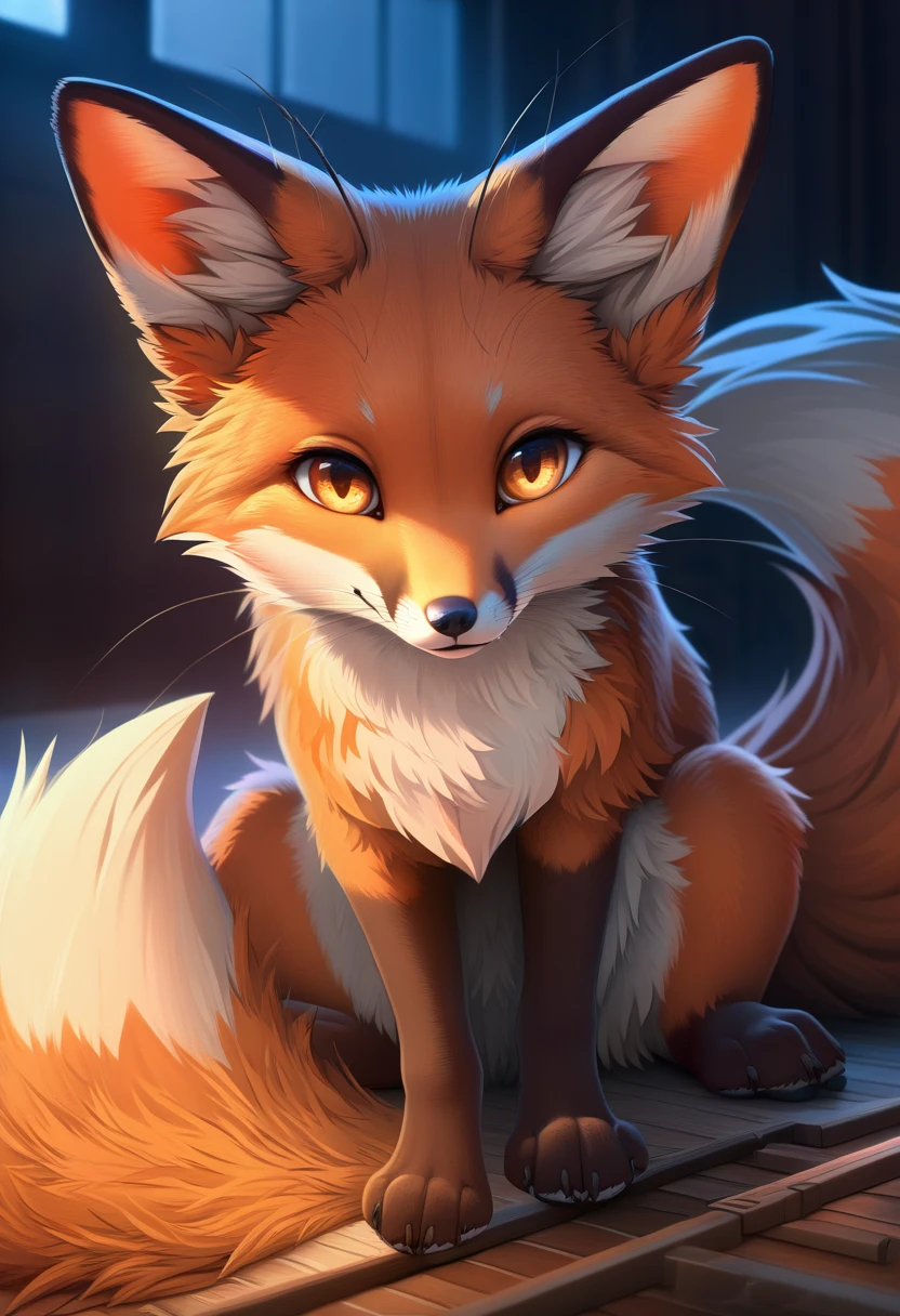 Extreme detail, full body, Detailed eyes, (Shaded), (Detailed lighting), (Cinematic lighting), (Masterpiece, hi res, high resolution, High details, Best quality, high sharpness:1.3), high definition, BREAK, woven, beautiful, cute, fox ears, whiskers, (long and fluffy fox tail), (digitigrade, fox paws on feet), (elongated fox snout), orange fur, amber eyes, feral fox, feral, animal, kitsune, red fox, sitting, smiling cutely, looking at viewer, night