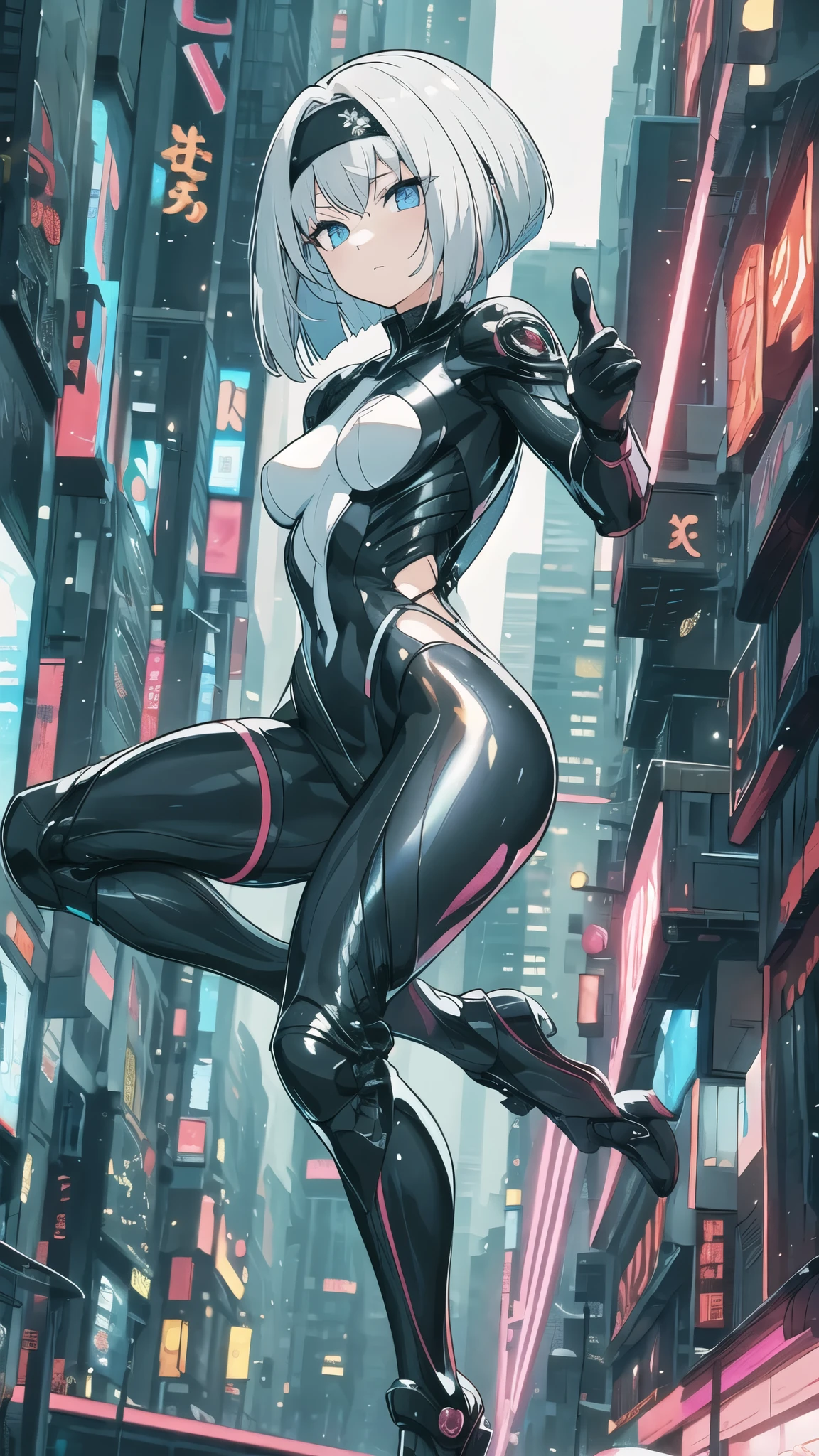  beautiful elaborate anime girl with flowing silvery hair jumping at the camera, 1 person,Wearing a headband,Bob Haircut, Beautiful and delicate eyes and lips,   very detailed face  ,   wearing a black mechanical cybersuit , Ninja, sword wielding ,  pointing a sword at the camera , Slim, graceful figure ,   for perfect proportions,  assassin with cyberpunk settings ,  intricate digital animation art , 8k wallpaper, 4K Anime Style, masterpiece, Best Quality,  high definition, Super detailed,  photorealistic, Complex lighting,  hyper-detail with standing nipples, Spectacular, カメラに向かって飛びかかる