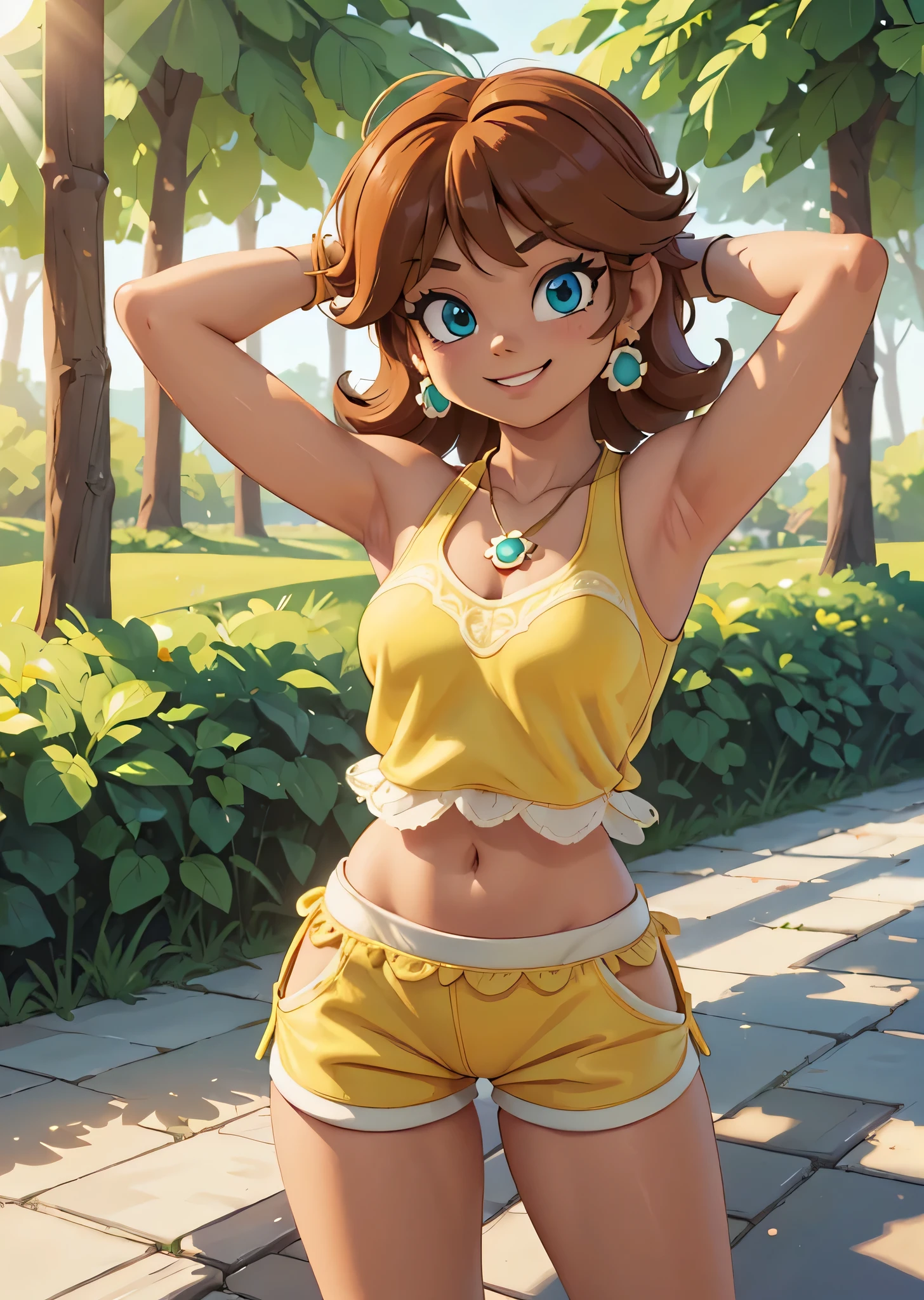 [Daisy_SM], [Princess Daisy], ((masterpiece)), ((HD)), ((high res)), ((solo portrait)), ((waist up)), ((front view)), ((cartoon aesthetic)), ((detailed soft shading)), ((beautiful render art)), ((intricate details)), {(athletic figure), (brown tanned skin), (short brunette hair), (cute blue eyes), (small breasts), (toned body), (curvy hips), (beautiful legs), (cute excited grin)}, {(yellow swimsuit), (green pendant earrings)}, {(standing), (hands behind head), (looking at viewer)}, [ambient lighting, beach, sun rays]
