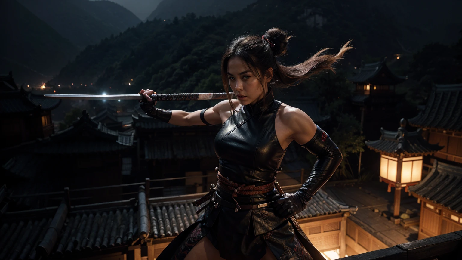 a highly muscular female Samurai with 1 katana, the upper coltes are made of net. transparent thorso, double hairbuns, detailed abs and muscles, dark outfit, serious expression, glowing katana blade, dynamic action pose, on a chinese ancient roof, in a misty olde chines village at night dark moody lighting, cinematic angle, hyperrealistic, digital art, illustration