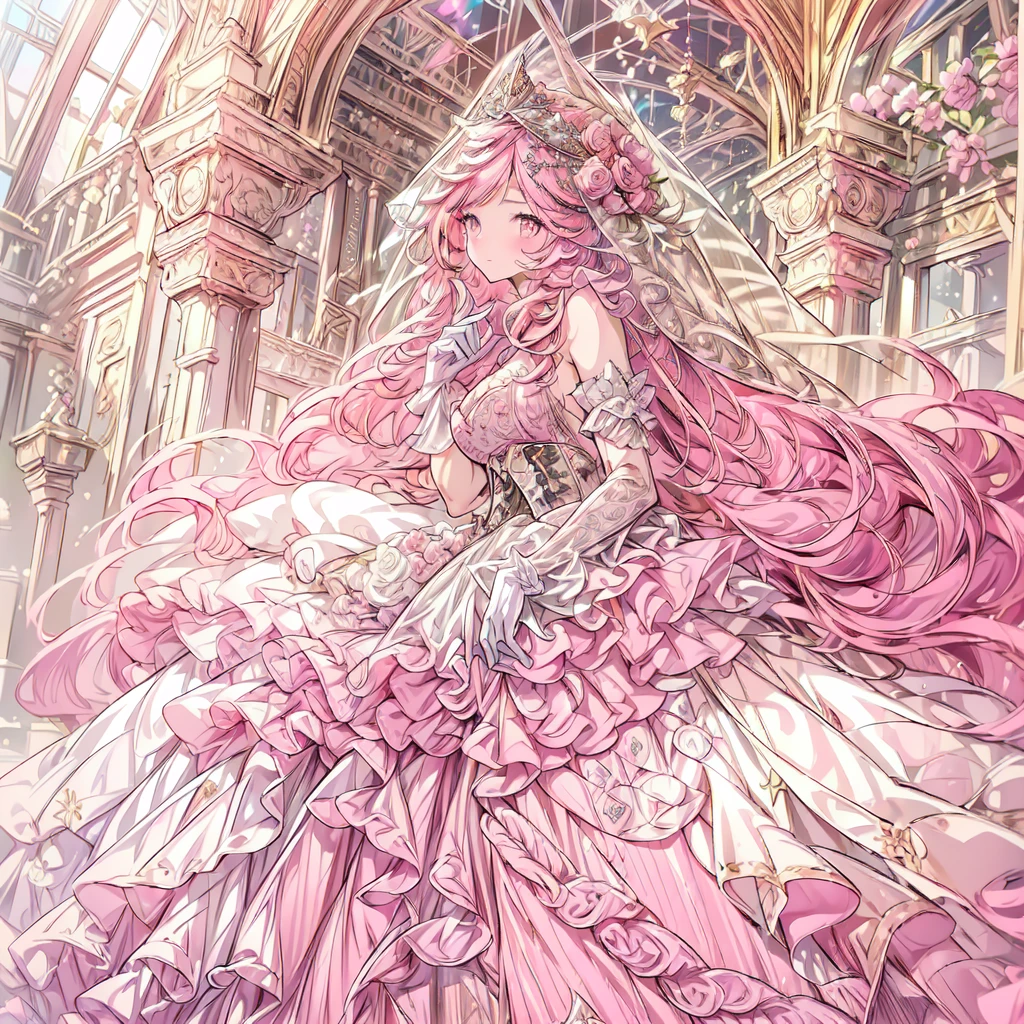 full dress shot, shot from above, full-body illustration, (((full body, depicts whole body, full body portrait, whole body))), portrait, 1girl, solo, beautiful gorgeous captivating cute adorable princess, looking at viewer, cute blush, (blushing:1.5), heavy blush, (pink eyes:1.5) ,(((hyper detail delicate beautiful eyes , big eyes, clear eyes, extremely detailed))), (soft thin lines:1.2, beautiful, delicate and pretty face, young face, smiling), ((large amount of straight hair, extremely voluminous very long hair, absolutely long straight hair)), (pink hair:1.5), (extremely gorgeous full hair ornament, bling-bling extremely gorgeous full jeweled tiara), (long bridal veil:1.2), (face veil:1.5), frilly collar, luxurious jewelry, skin dentation, pale skin, slim, (extremely gigantic large breasts:1.5), breasts cleavage, breasts focus, (((extremely detailed hands, delicate hands, beautiful hands, 5-fingers))), (holding a bouquet of flowers:1.1), (frilly long gloves:1.5) (pure pink gown dress:1.5), (((pure pink lace and frills, dress with motif of ribbons and flowers, detailed gorgeous princess ballgown with voluminous full length hoop skirt, gorgeous princess long rococo ballgown with long train, gorgeous princess long rococo ballgown with beautiful embroidery and jeweled))), (long train gown:1.2) , (puffy gown:1.2), (floor length gown:1.5), (gown trailing:1.2), (long sleeves gown:1), (pink laced leather corset:1.5), masterpiece, (Full-HD:1.5), (highres:1.5), (absurdres:1.5), (high quality:1.5), (high resolution:1.5), (best image:1.5), (ultra quality:1.5), HDR, 16K, 32K, (ultra resolution:1.5), (ultra detailed:1.5), (highly detailed:1.5), fantasy scene, dreamy fantasy, fantasy palace background, (standing:1), (glow, god rays, radiant, ethereal, dreamy, heavenly, otherworldly, dream-like, breathtaking, captivating, divine), (depth of field), sharp focus, soft lighting