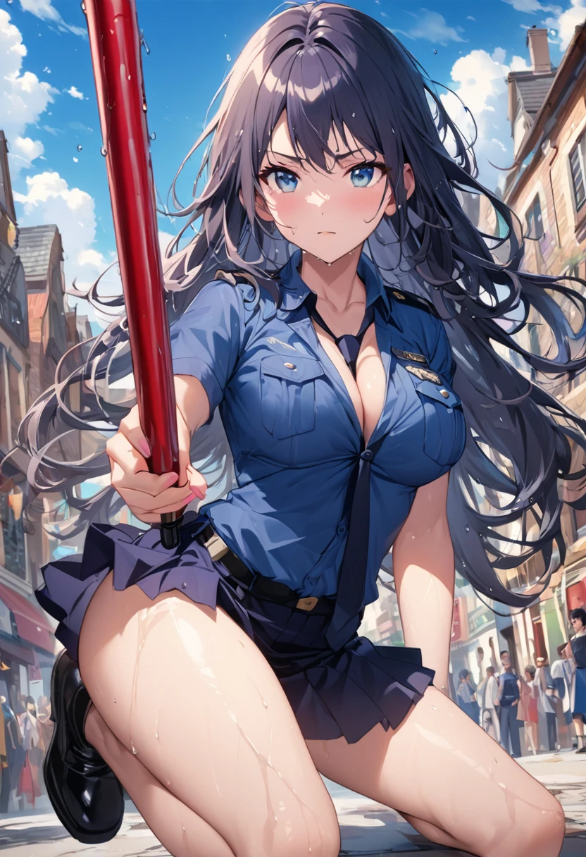 Beautiful girl 、Age 30、Best Quality、Ultra-precision、Detailed drawing、 police uniform、mini skirt、Navy blue tie、 acrobatic leap for the camera、Baton in the right hand 、Around town、blue sky、Sharpness、Close to the body、Beautiful big boobs、 wet hair 、Vivid colors、 serious look、Slender figure、Accurate depiction、 CG illustration、、 looking at the camera、baton 