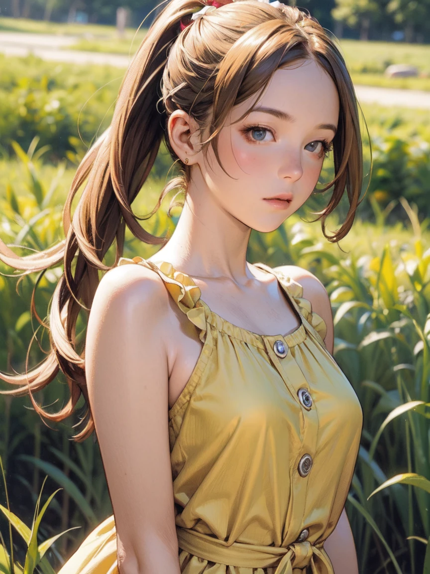 photoRealistic,Realistic, Alone, photoRealistic, Best Quality,  Ultra Hi-Res,  1 girl,, , Blonde in a ponytail, Wearing a yellow sundress, A gentle breeze blowing through the grass,, ,  1 girl,, beautiful, masterpiece, Best Quality,   very detailed face  , perfect lighting,  1 girl, Alone,, , Best Quality,  Ultra Hi-Res, photoRealistic,, Super detailed,, masterpiece, Best Quality, , Nancy 1, 