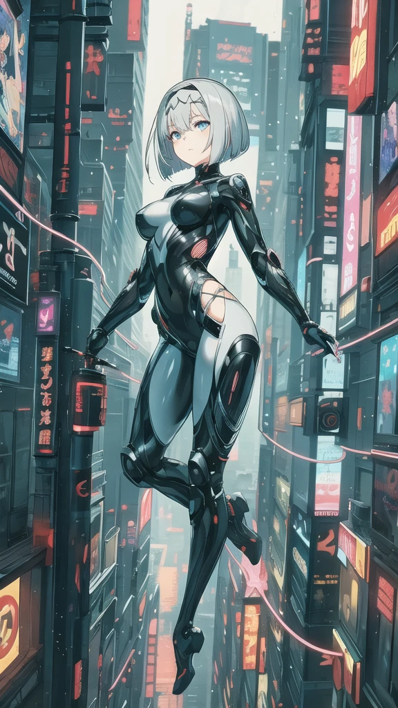  beautiful elaborate anime girl with flowing silvery hair jumping at the camera, 1 person,Wearing a headband,Bob Haircut, Beautiful and delicate eyes and lips,   very detailed face  ,   wearing a black mechanical cybersuit , Ninja,Wave a heavy, big sword, Slim, graceful figure ,   for perfect proportions,  assassin with cyberpunk settings ,  intricate digital animation art , 8k wallpaper, 4K Anime Style, masterpiece, Best Quality,  high definition, Super detailed,  photorealistic, Complex lighting,  hyper-detail with standing nipples, Spectacular,  jump at the camera An exciting form,