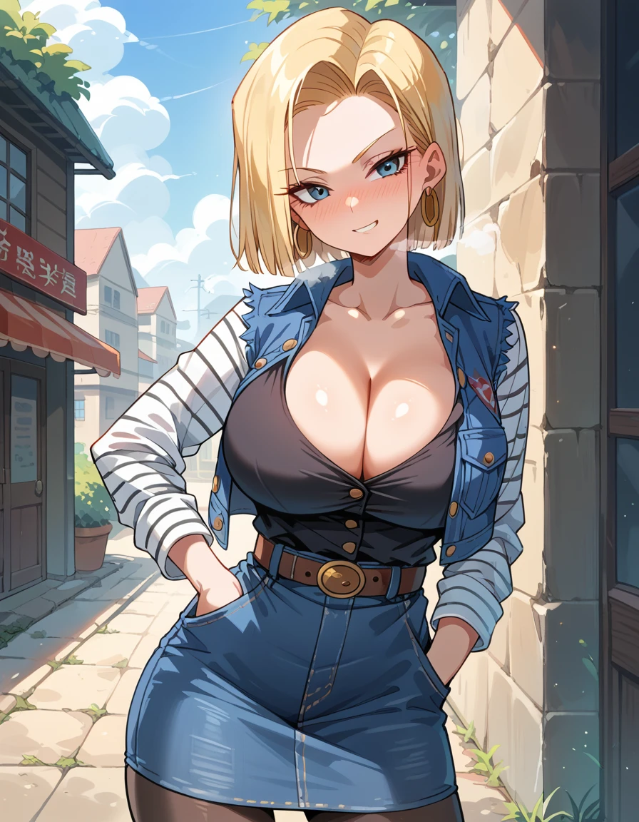 android 18, blonde hair, blue eyes, eyelashes, hoop earrings, short hair, earrings
belt, black legwear, black shirt, breast pocket, cleavage, collarbone, denim, denim skirt, high-waist skirt, jewelry, long sleeves, pocket, shirt, shirt tucked in, skirt, striped, striped sleeves, waistcoat,cleavage, large breasts, (huge breasts:1.2),(athletic body),full bust,busty,(Beautifully shaped breasts:1.1) ,(round breasts),((slender)),(curving waist) ,(Skinny Body),((perfect body)),
breath,smirk,nose blush,(breast focus),random situation