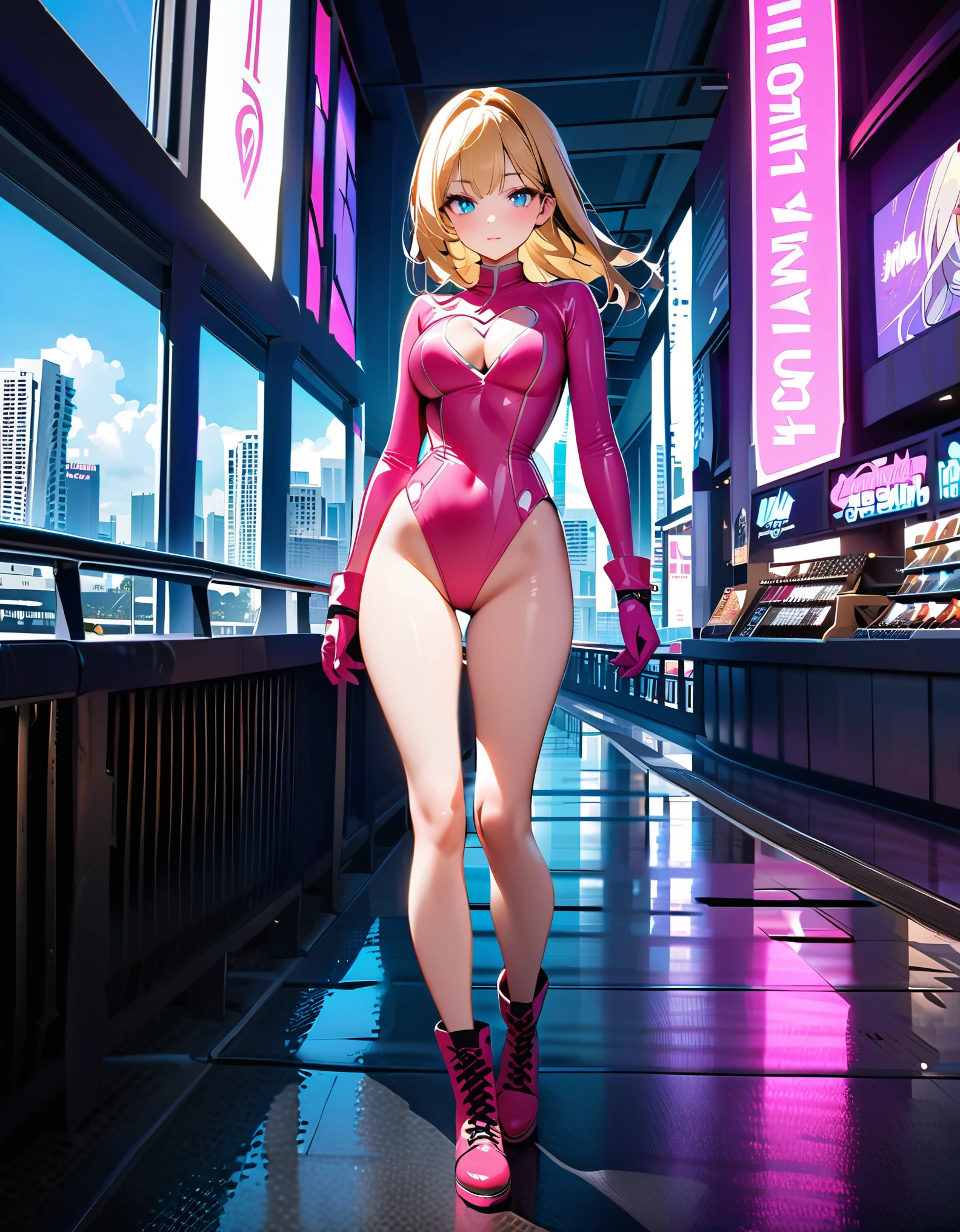 Masterpiece, best quality, high res, 8k, A stylized anime character design sheet featuring a young, attractive female character with long, flowing, golden-blonde hair and bright blue eyes. She is wearing a sleek, form-fitting, pink one-piece suit with a heart-shaped cutout near the chest area. Her outfit includes matching pink gloves, knee-high lace-up boots, and black accents on the suit and gloves. Bare legs. Standing straight, Miami, city backdrop, full body shop, cinematic lighting.