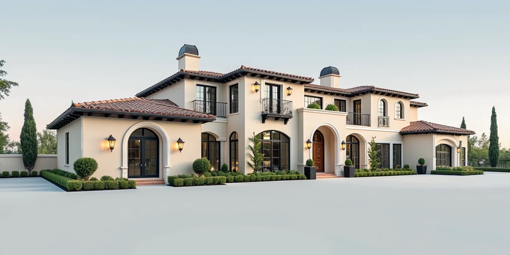 Hyper realistic photo, exterior view, 35mm focal length, a Mediterranean-style two-story villa with an elegant, symmetrical facade. The villa features arched windows and doorways framed with dark wood, terracotta roof tiles, and wrought iron railings on the balcony and porch areas. The exterior walls are painted in a light brown water-based paint, color code Jotun 1283, giving the villa a warm and inviting Mediterranean look. Decorative lantern-style wall sconces are mounted along the walls, highlighting the classic architectural details. The main entryway features a wooden door with intricate carvings, enhancing the villa's charm and authenticity