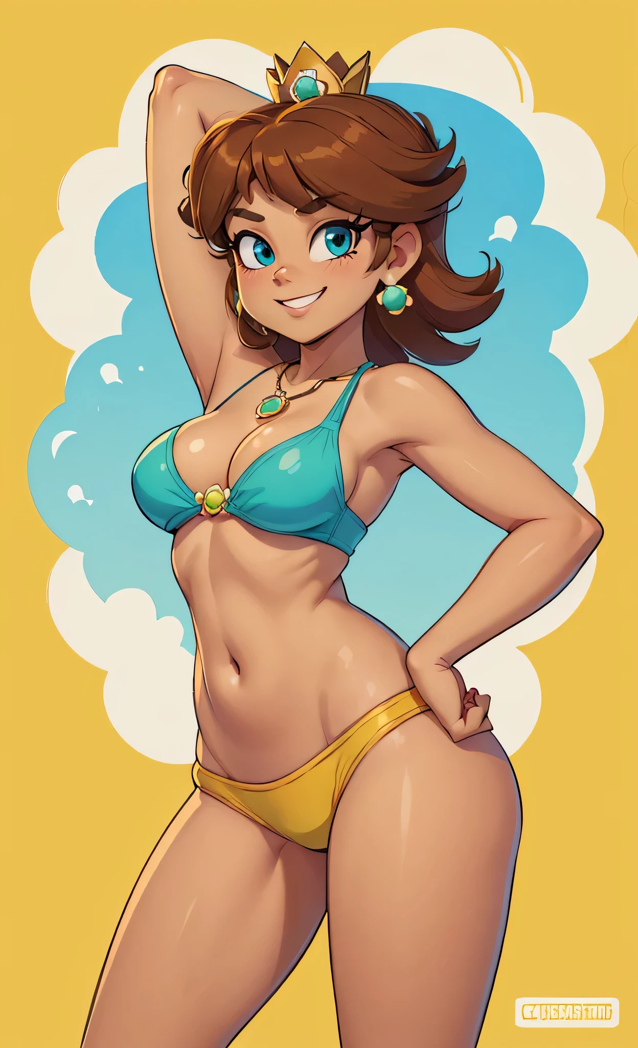 [Daisy_SM], [Princess Daisy], ((masterpiece)), ((HD)), ((high res)), ((solo portrait)), ((waist up)), ((front view)), ((cartoon aesthetic)), ((detailed soft shading)), ((beautiful render art)), ((intricate details)), {(athletic figure), (brown tanned skin), (short brunette hair), (cute blue eyes), (small breasts), (toned body), (curvy hips), (beautiful legs), (cute excited grin)}, {(yellow swimsuit), (green pendant earrings)}, {(standing), (hands behind head), (looking at viewer)}, [ambient lighting, beach, sun rays]