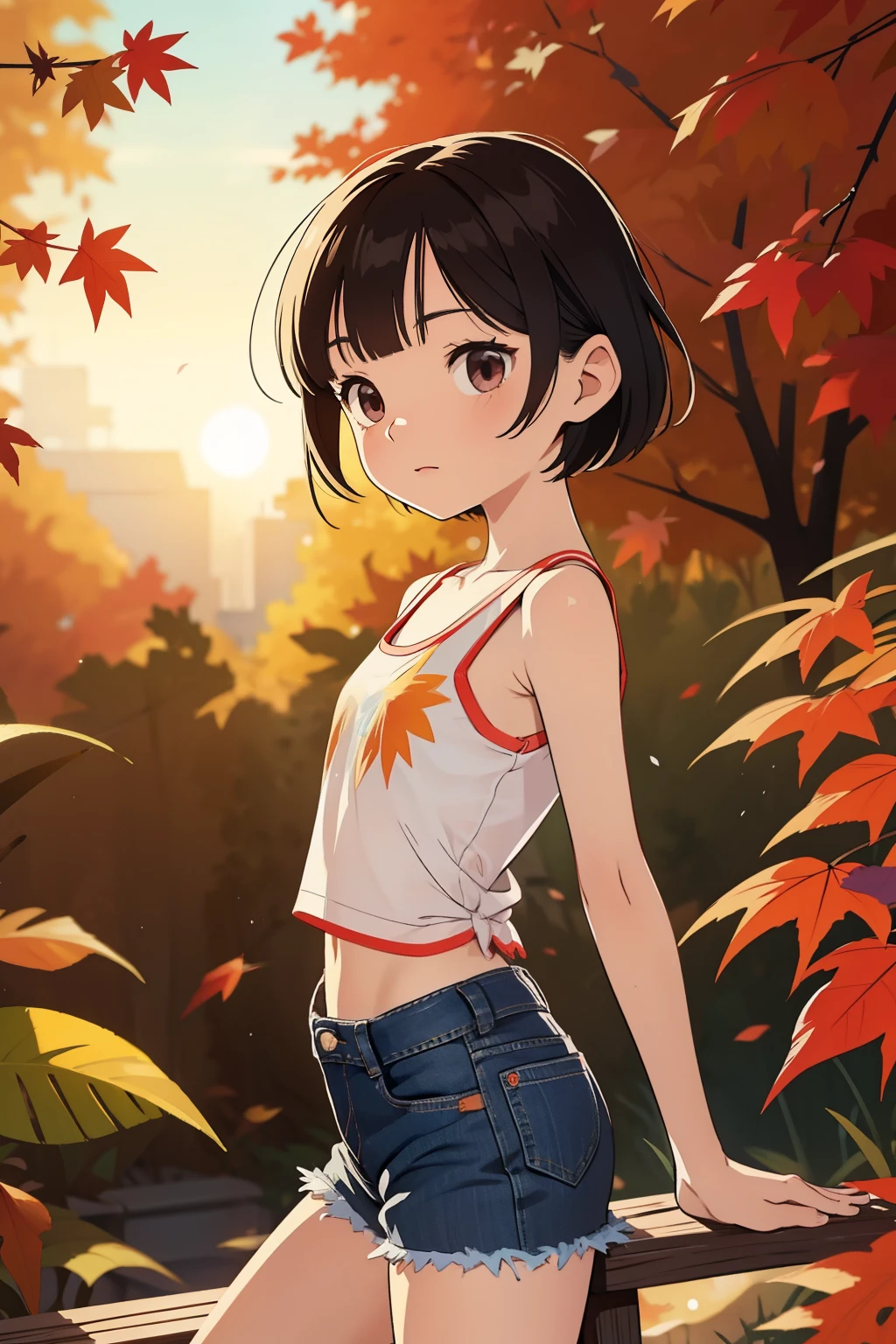 Actual image, Alone,  Very Young Very ish，Small ren，  look for an elementary school girl ， Very short stature， flat chest，Very short legs，Thin limbs， sheer tank top and denim cutoff with fringed hem. Thin thighs and a small round ass, beautiful, colorful, Super detailed, 16k, Ghibli style，Autumn Night，Beautiful sunset， fall leaves for vaginal discharge，